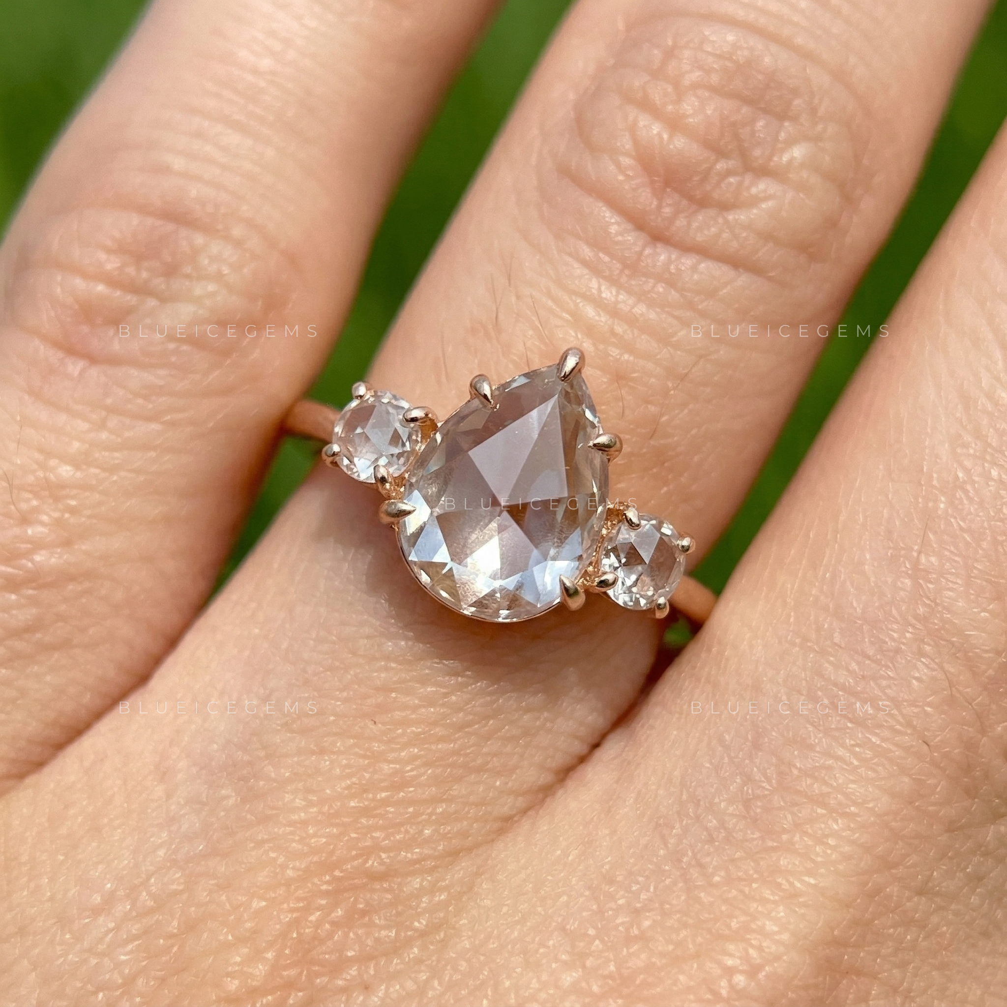 Vintage Inspired Pear Rose Cut Three Stone Open Gallery Ring