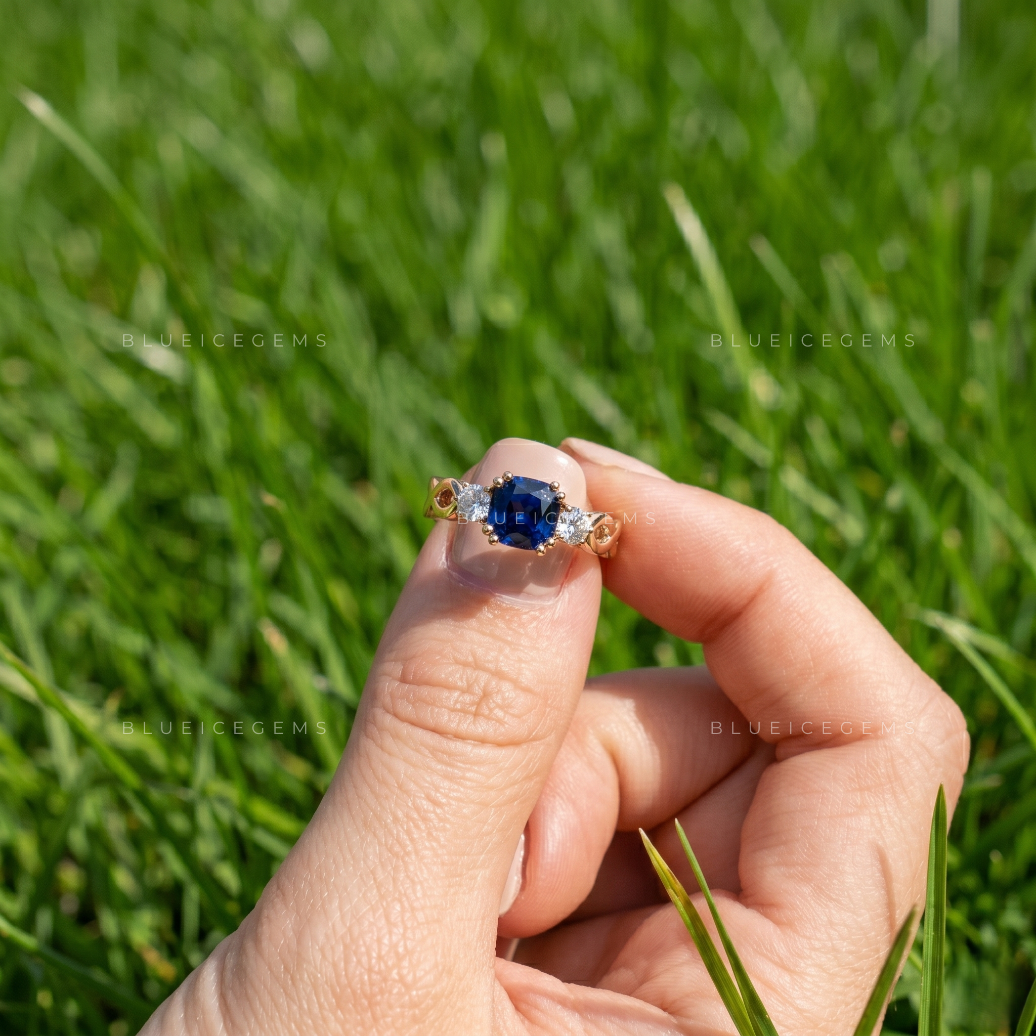 Royal Splendor Cushion Cut Sapphire and Round Brilliant Accent Engagement Ring