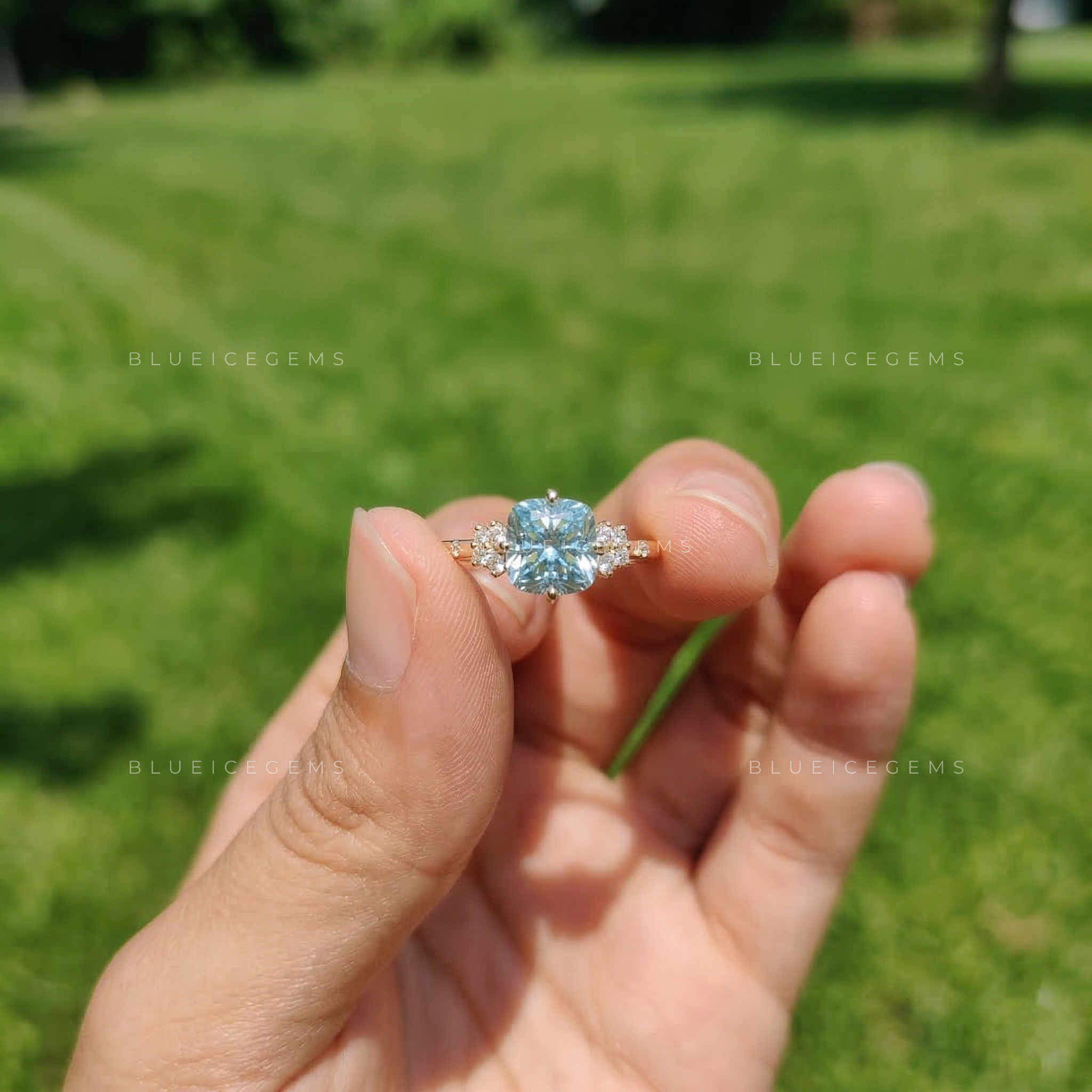 Cerulean Radiance Cushion Rensu Cut Pavé Ring