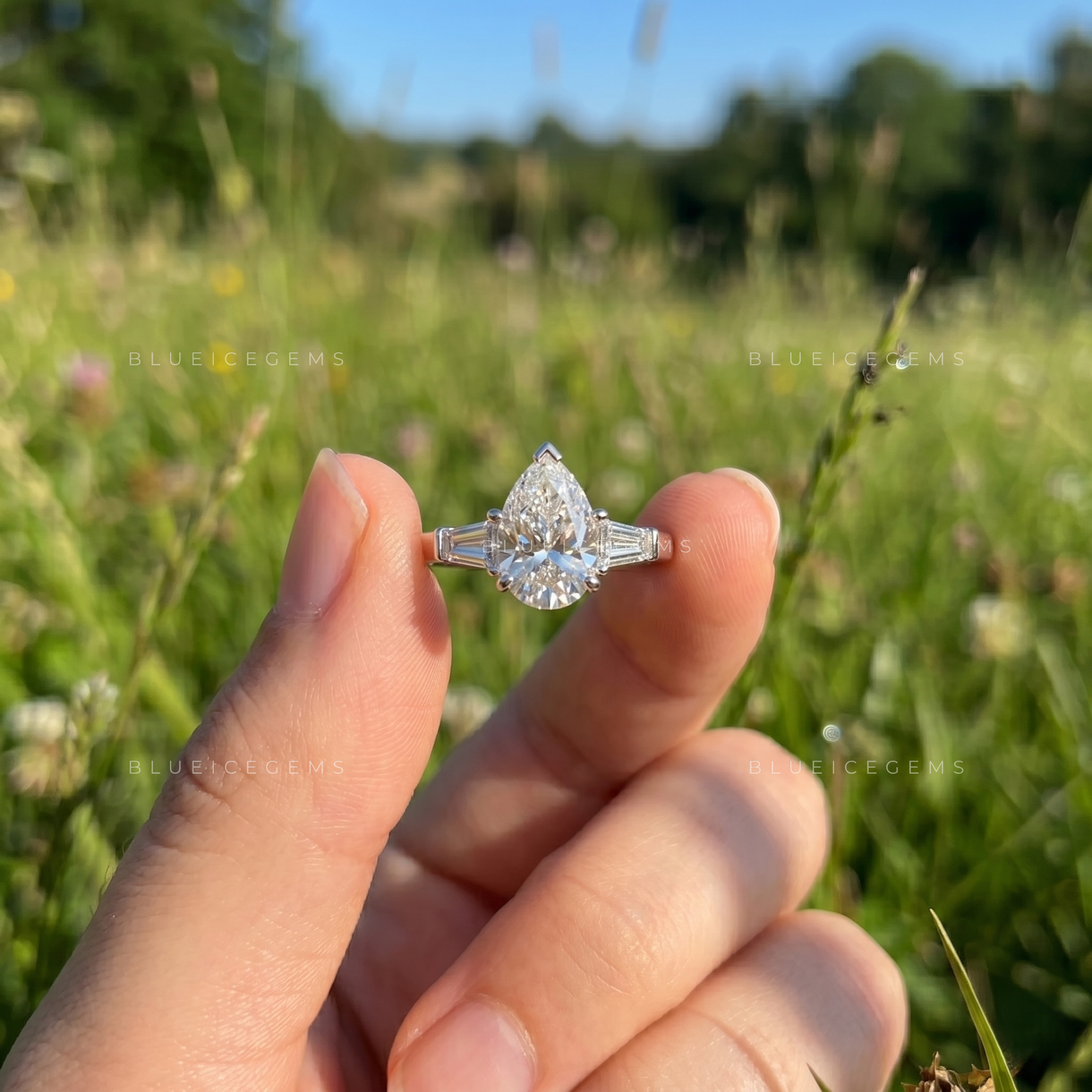 Elegant Trilogy Pear Cut with Tapered Baguette Side Stones Engagement Ring