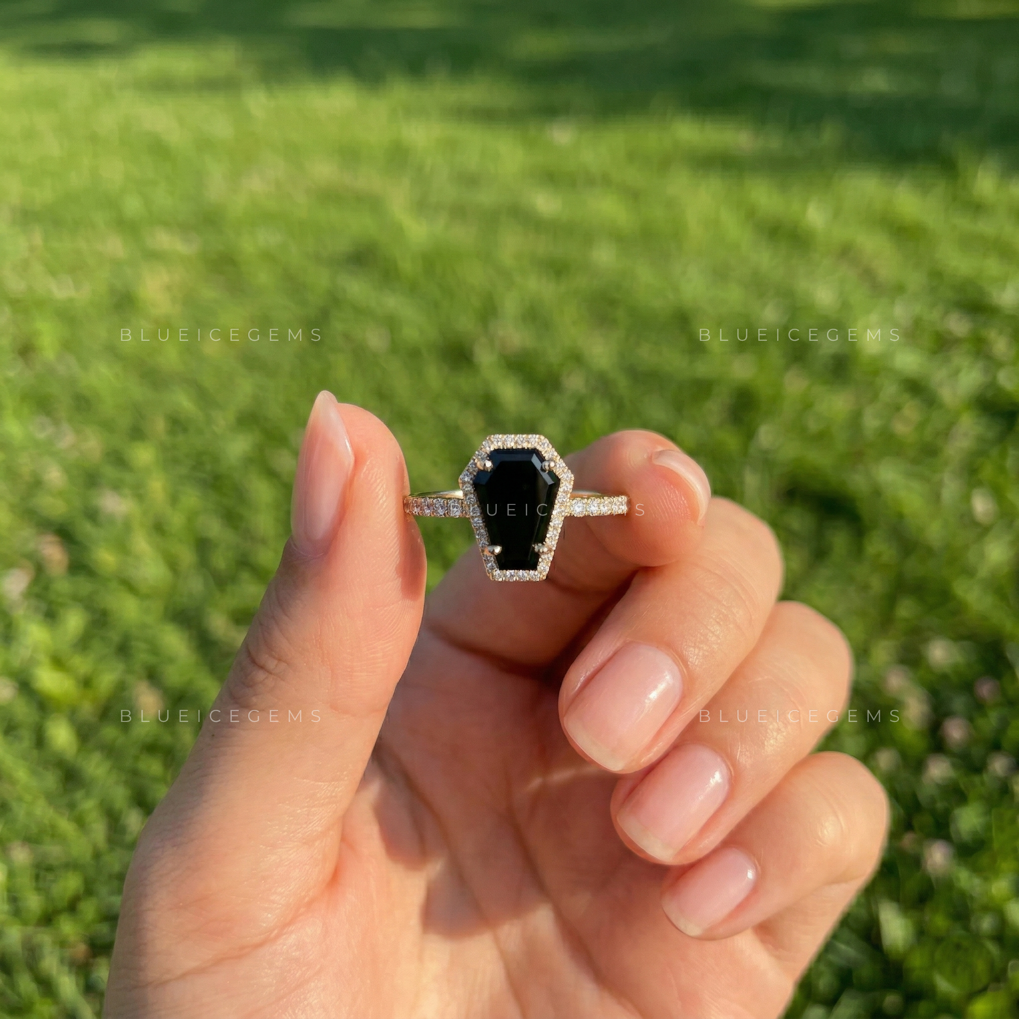 Midnight Noir Coffin Cut Black Diamond Halo Engagement Ring