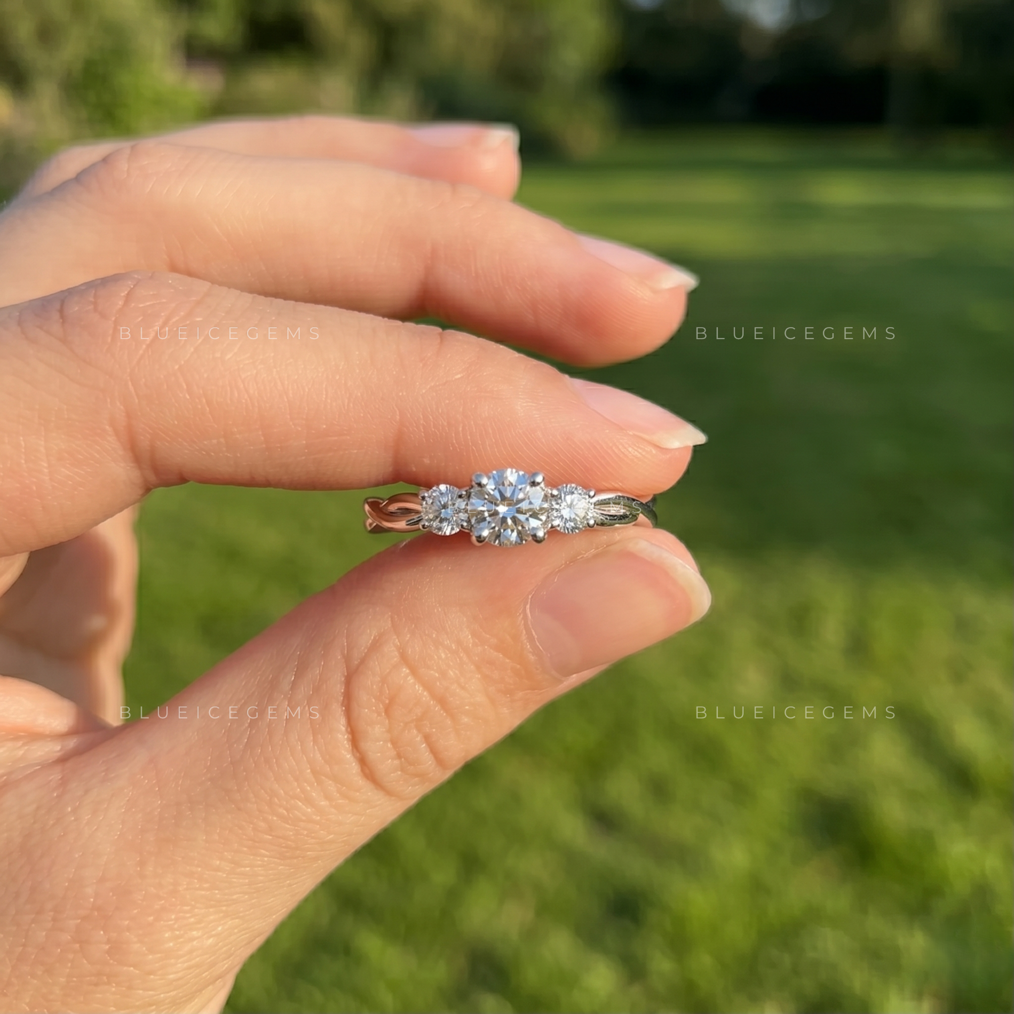 Eternal Harmony Round Cut Three Stone Engagement Ring Unique Twisted Ribbon Anniversary Promise Band