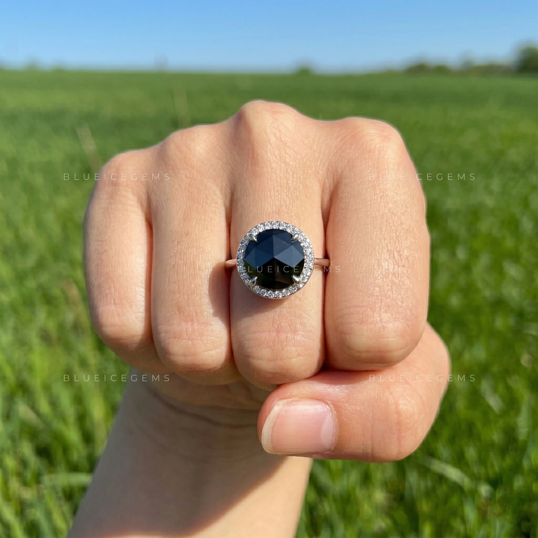 Midnight Noir Round Rose Cut Black Diamond Hidden Halo Ring