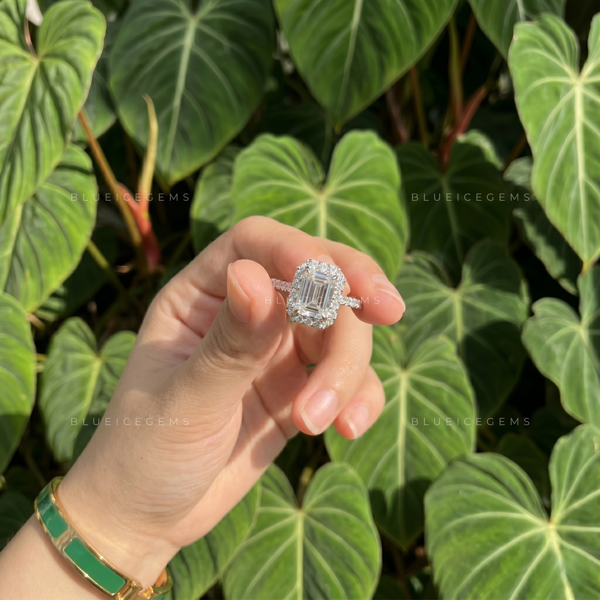 Opulent Harmony Emerald Cut Halo Engagement Ring with Pavé Band