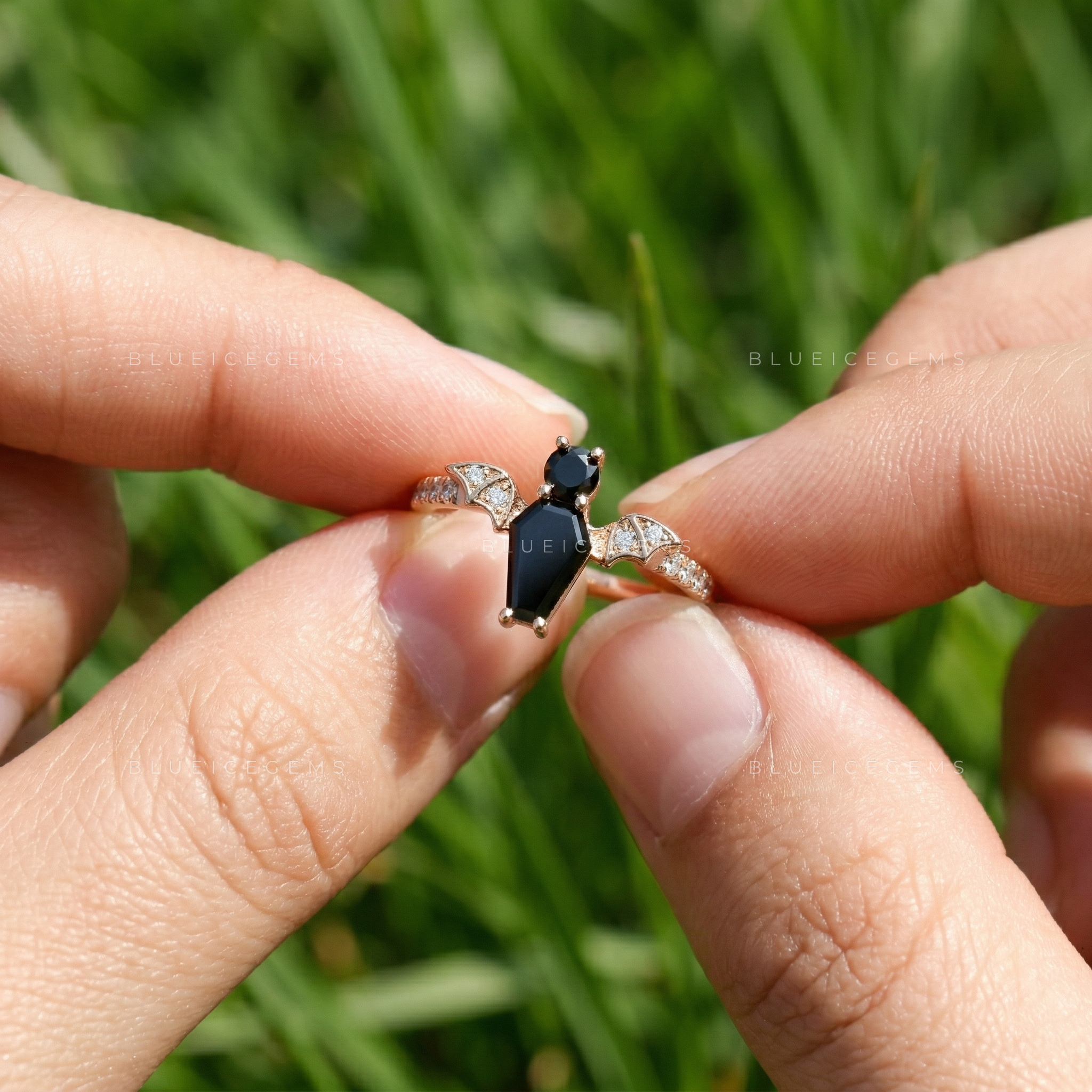 Midnight Noir Coffin & Round Cut Black Diamond Toi et Moi Ring