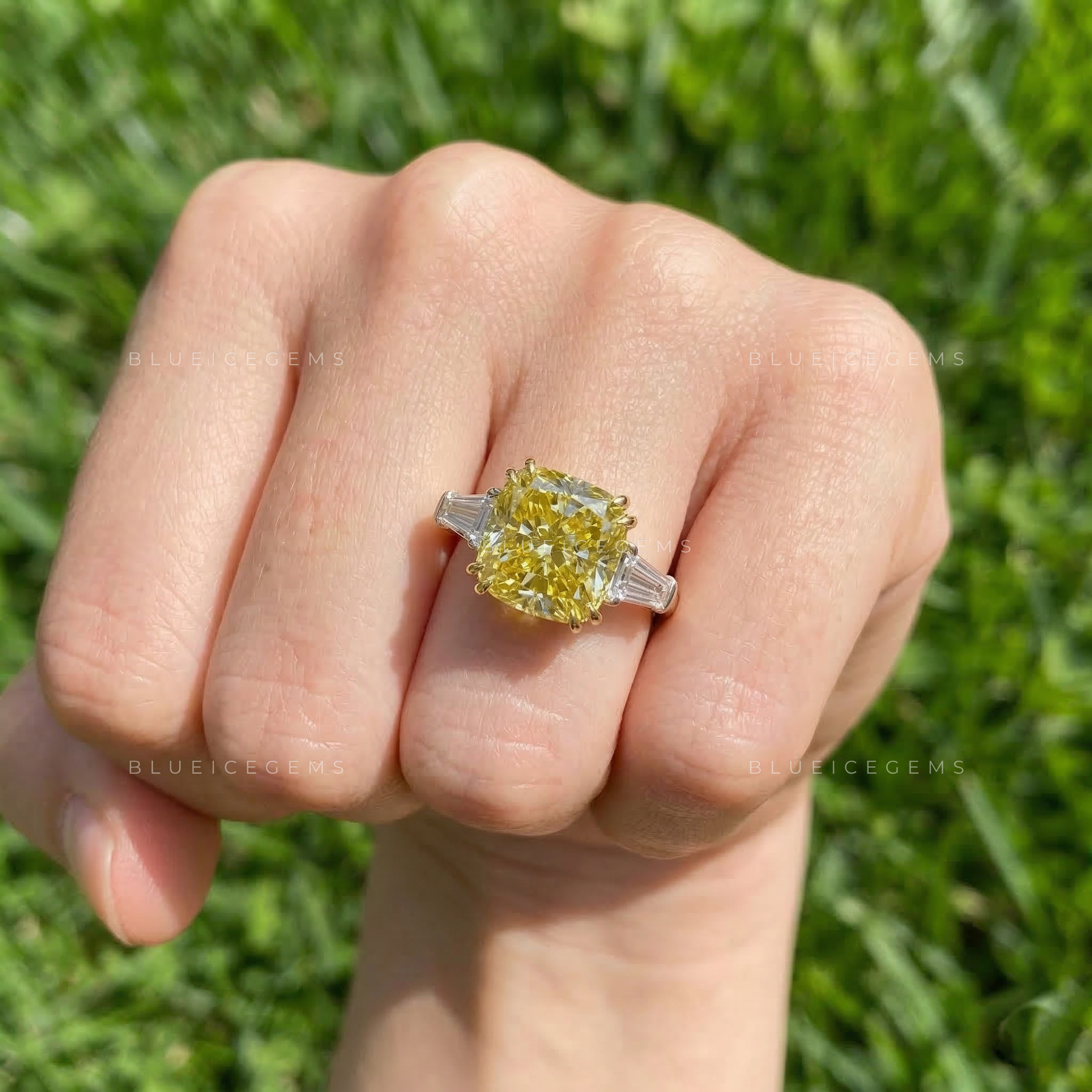 Radiant Canary Cushion Cut Three-Stone Ring