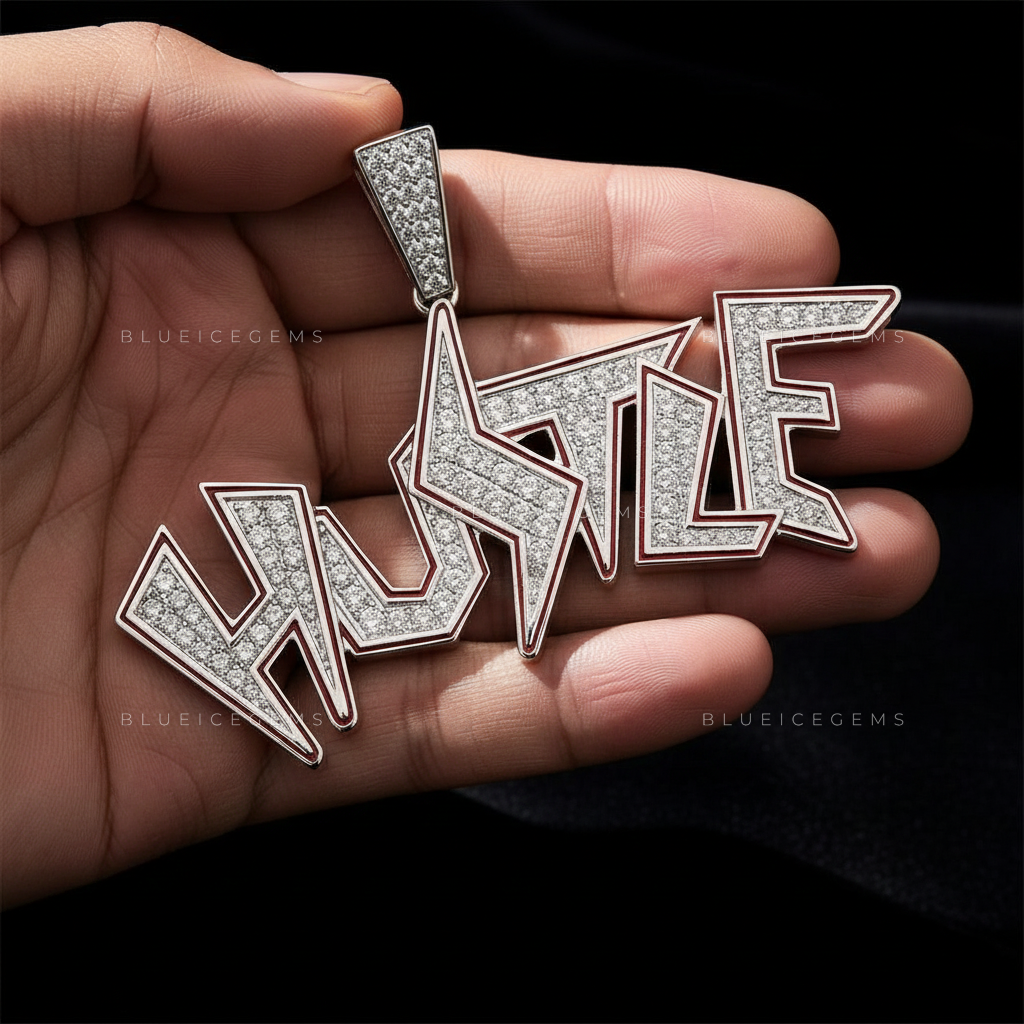 The "HUSTLE" High-Voltage: Jagged Lightning Script & Crimson Contour Pendant