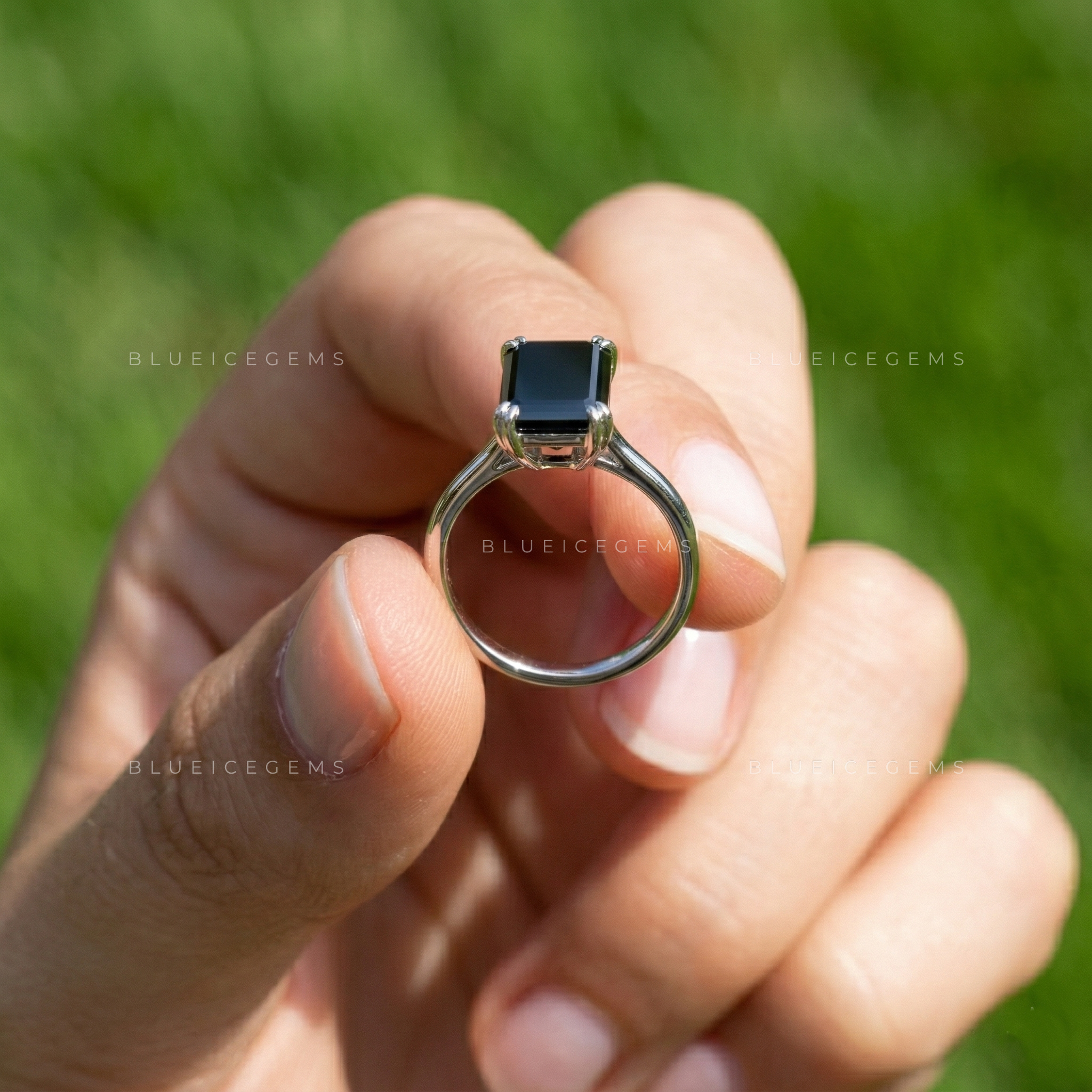 Midnight Noir Elongated Emerald Cut Black Diamond Solitaire Ring