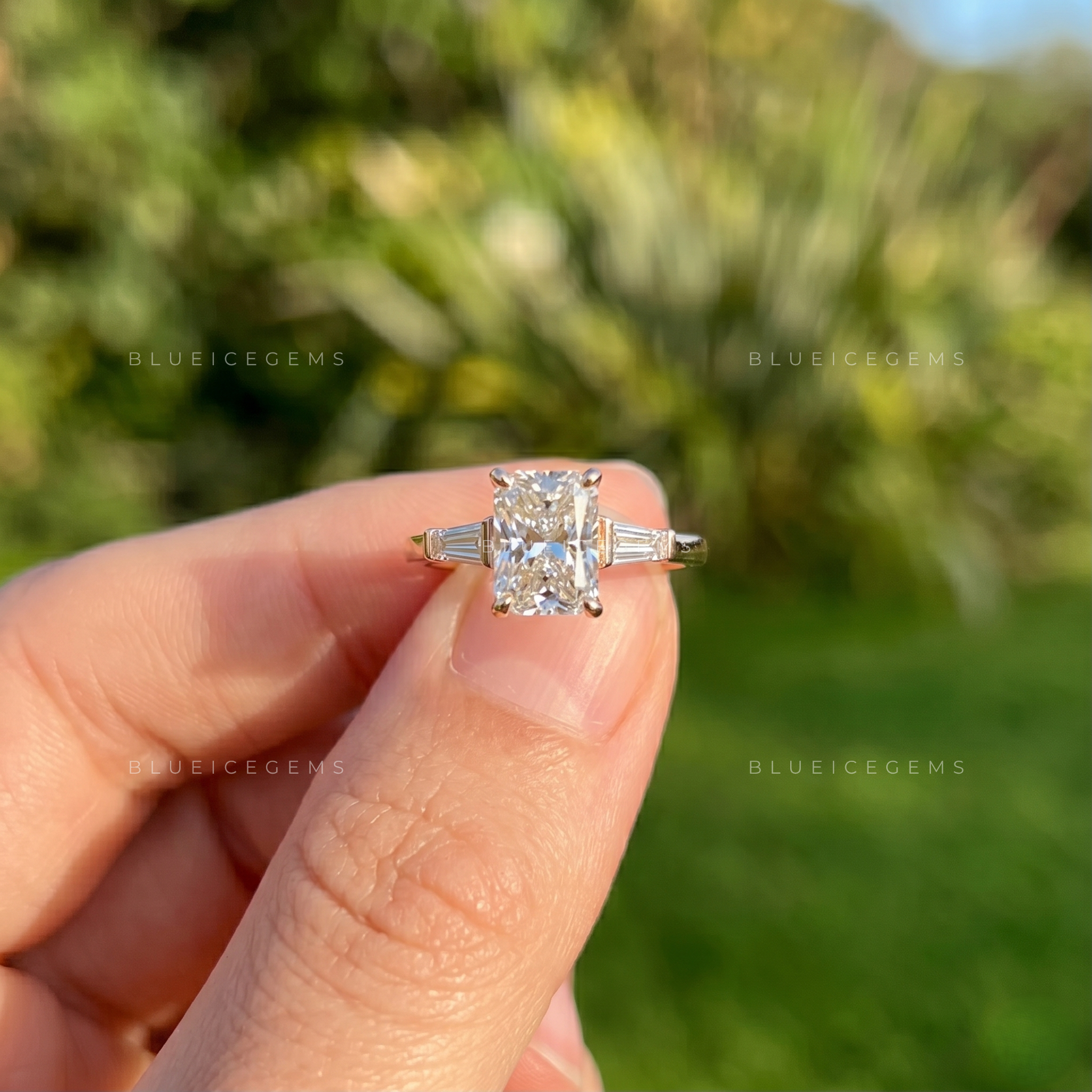 Timeless Splendor Radiant Cut Trilogy Engagement Ring Sophisticated Tapered Baguette Three Stone Anniversary Band