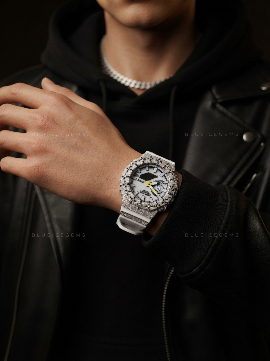 Aqua Frost Mirage Iced Watch – Blue Moissanite & White Resin