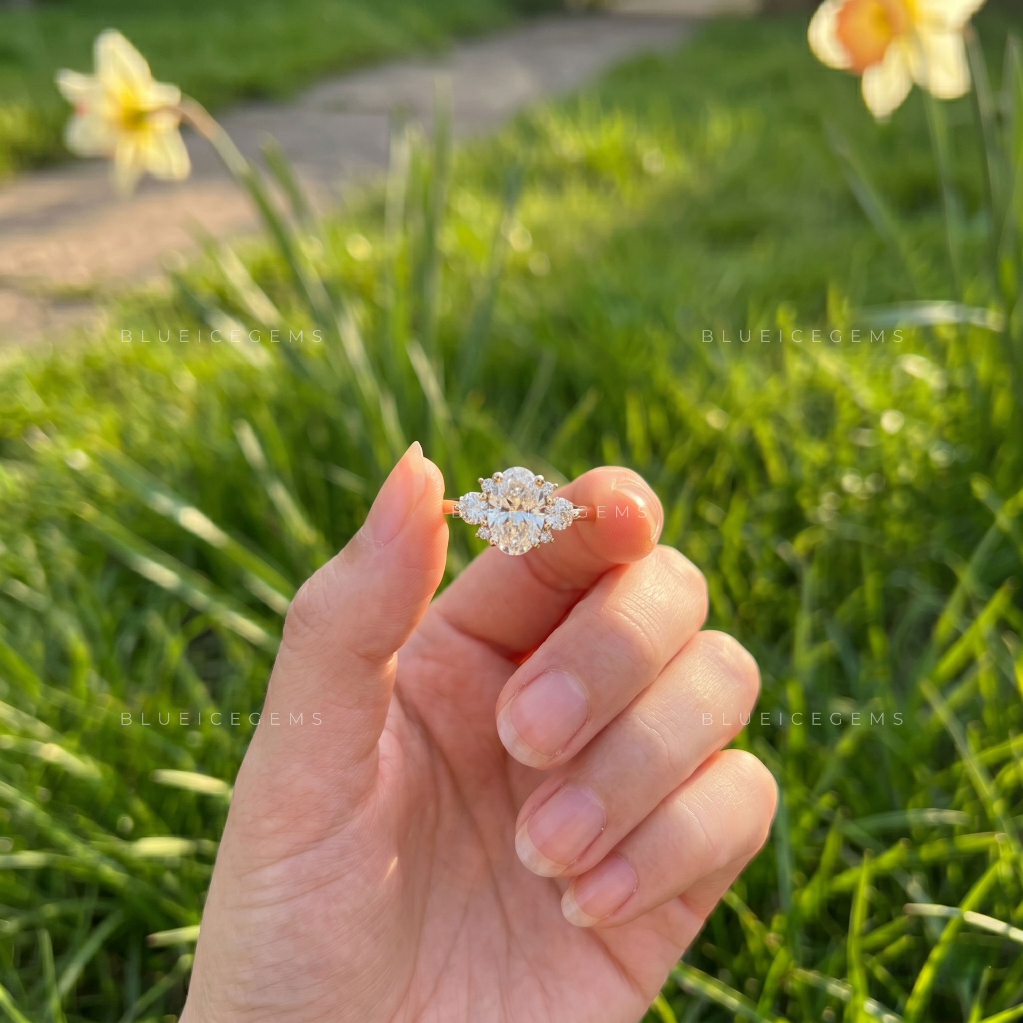 Graceful Harmony Oval Cut with Round Accent Side Stones Engagement Ring