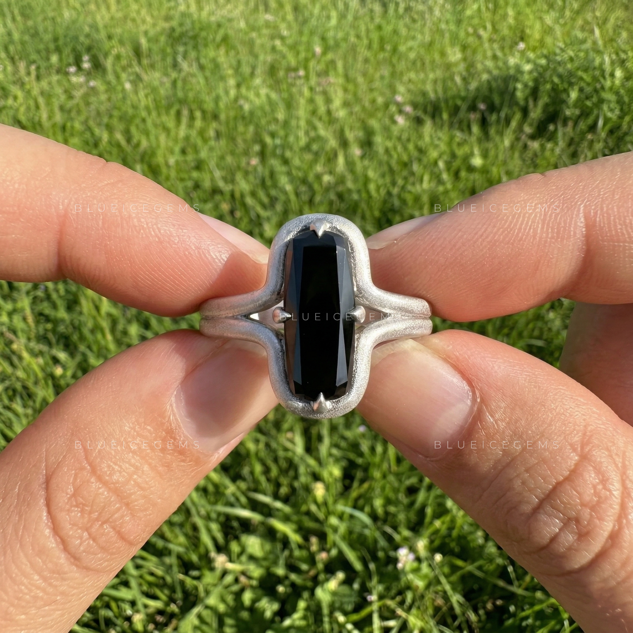 Midnight Noir Cushion Cut Black Moissanite Compass Set Ring