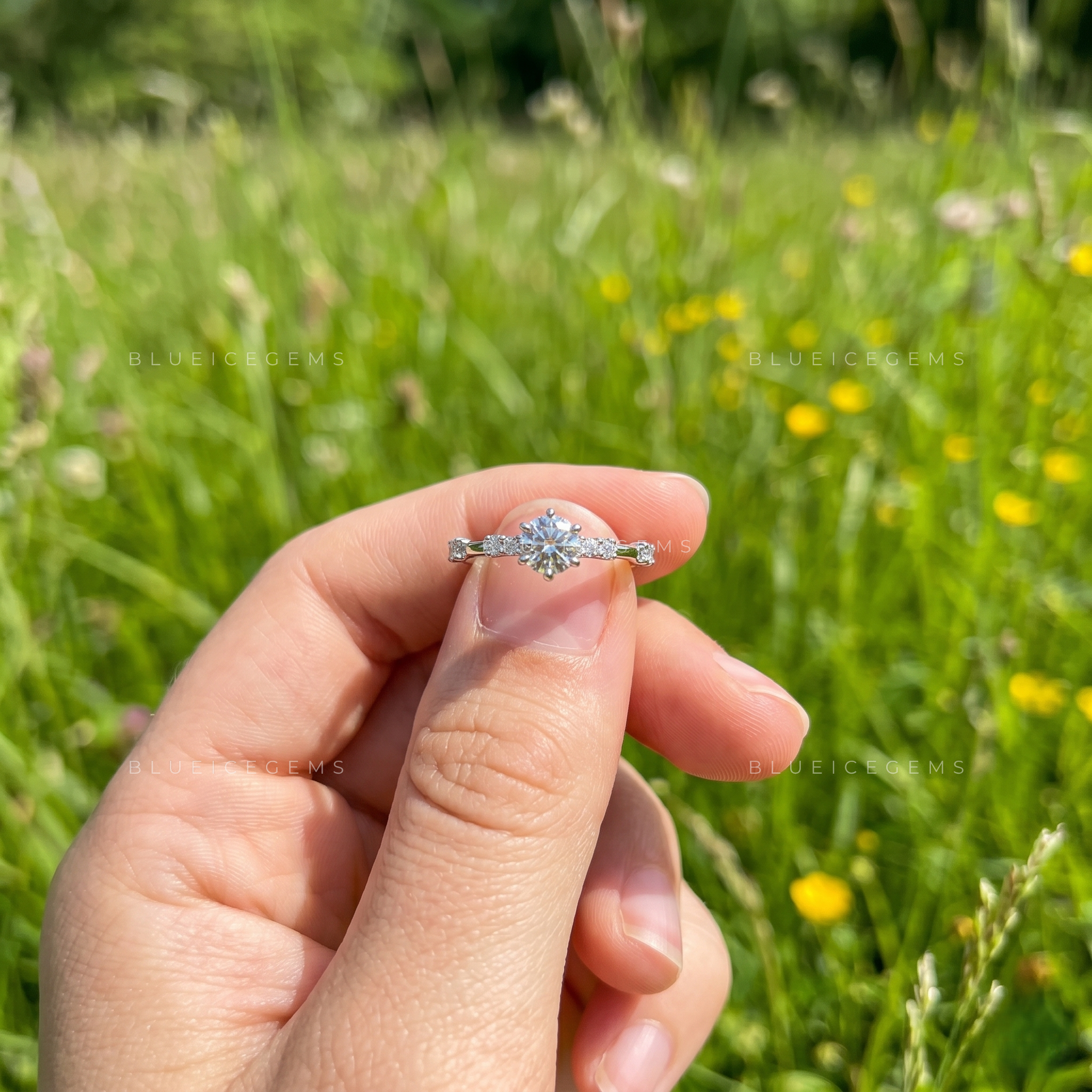 Celestial Muse Round Brilliant Cut Six Prong Solitaire Accent Engagement Ring
