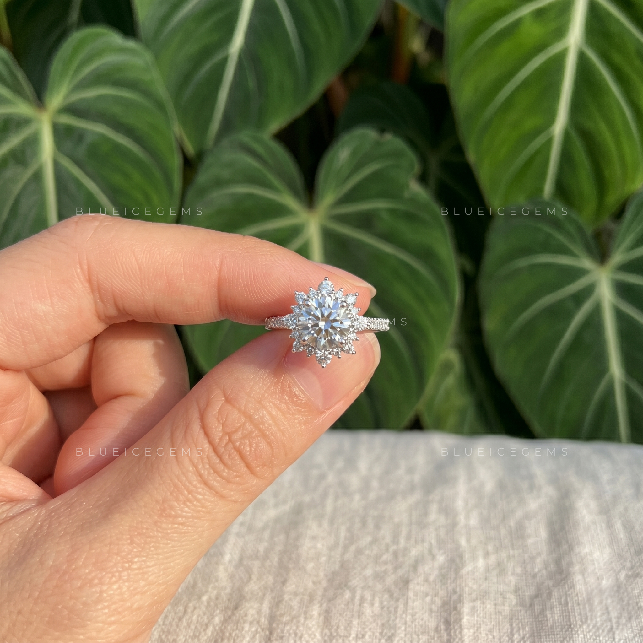 Ethereal Radiance Round Cut Cluster Halo Low Setting Engagement Ring