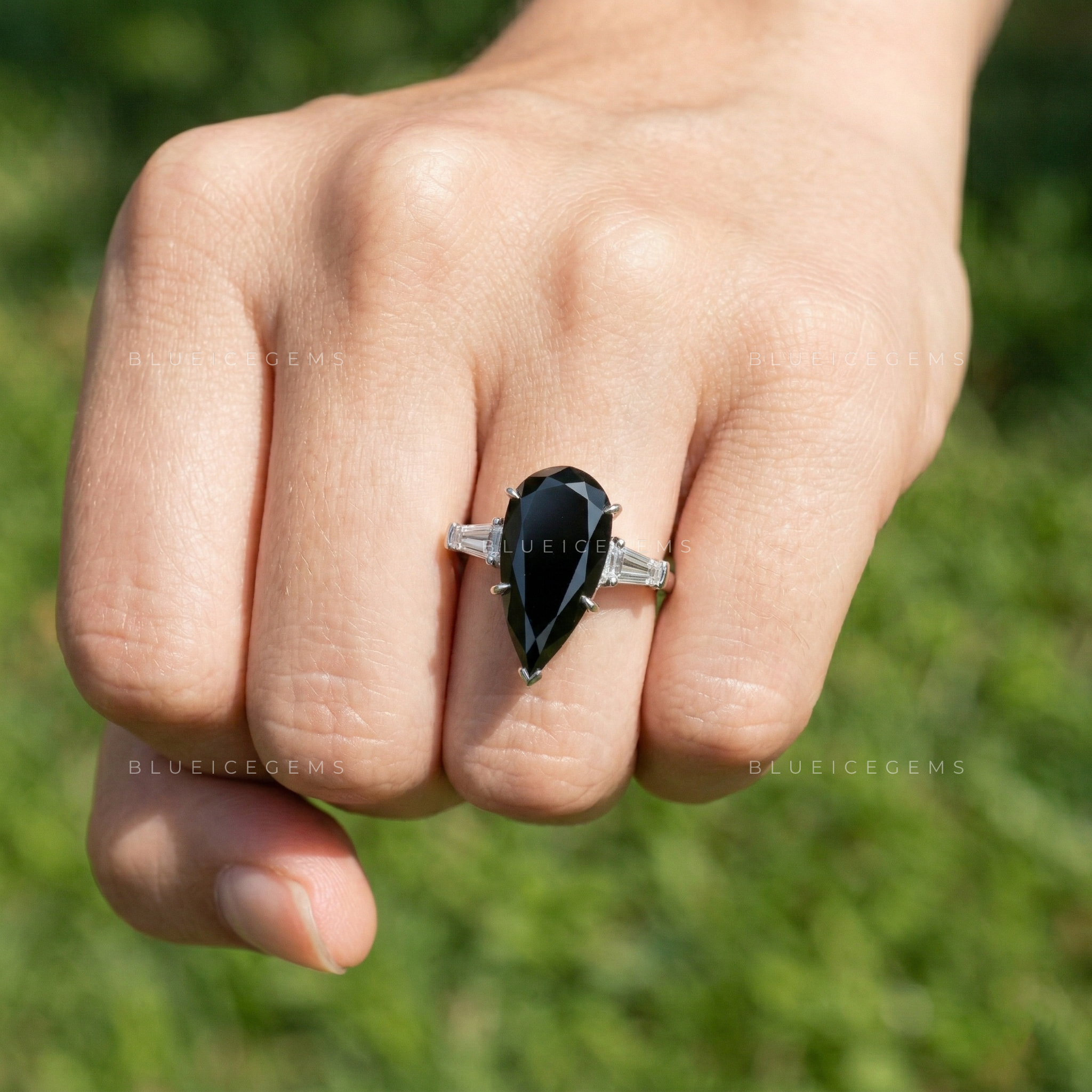 Midnight Noir Elongated Pear Cut Black Moissanite Art Deco Ring