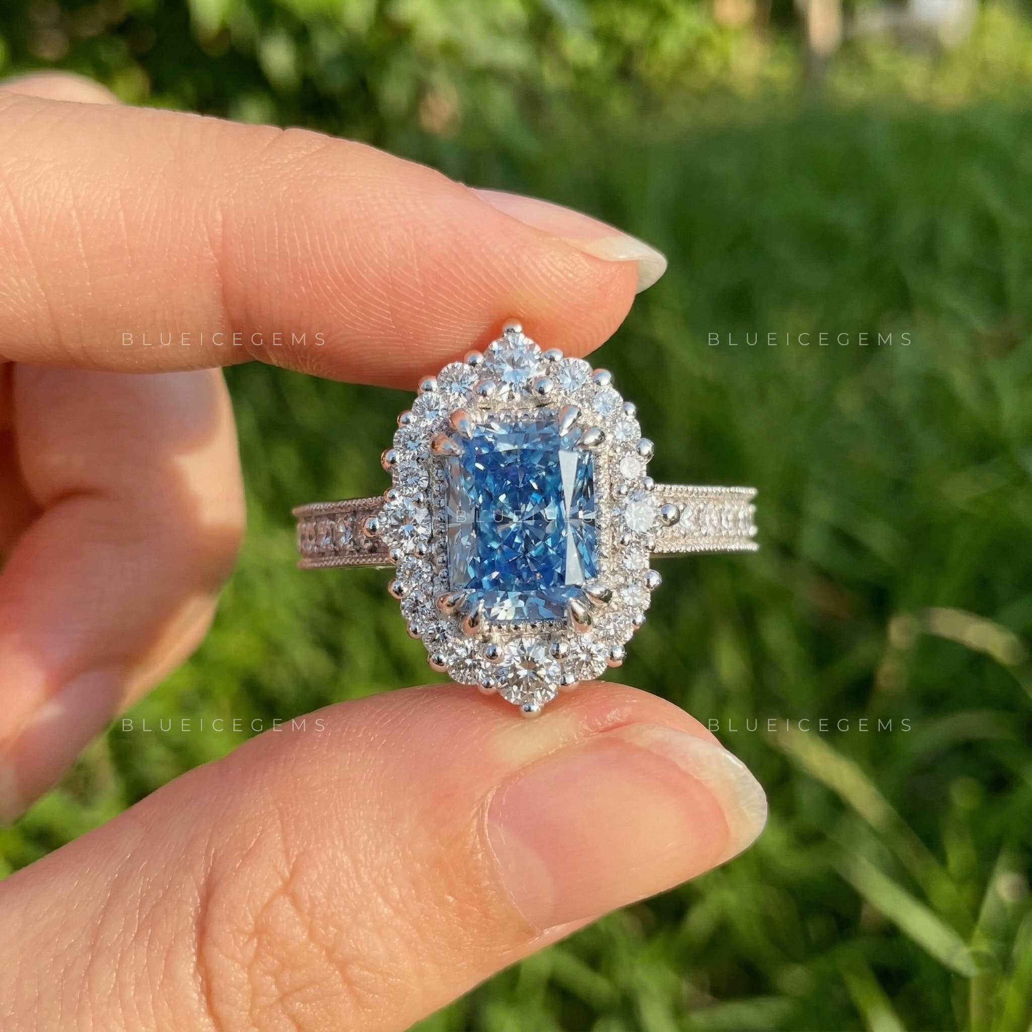 Oceanic Radiance Blue Radiant Cut Pavé Engagement Ring
