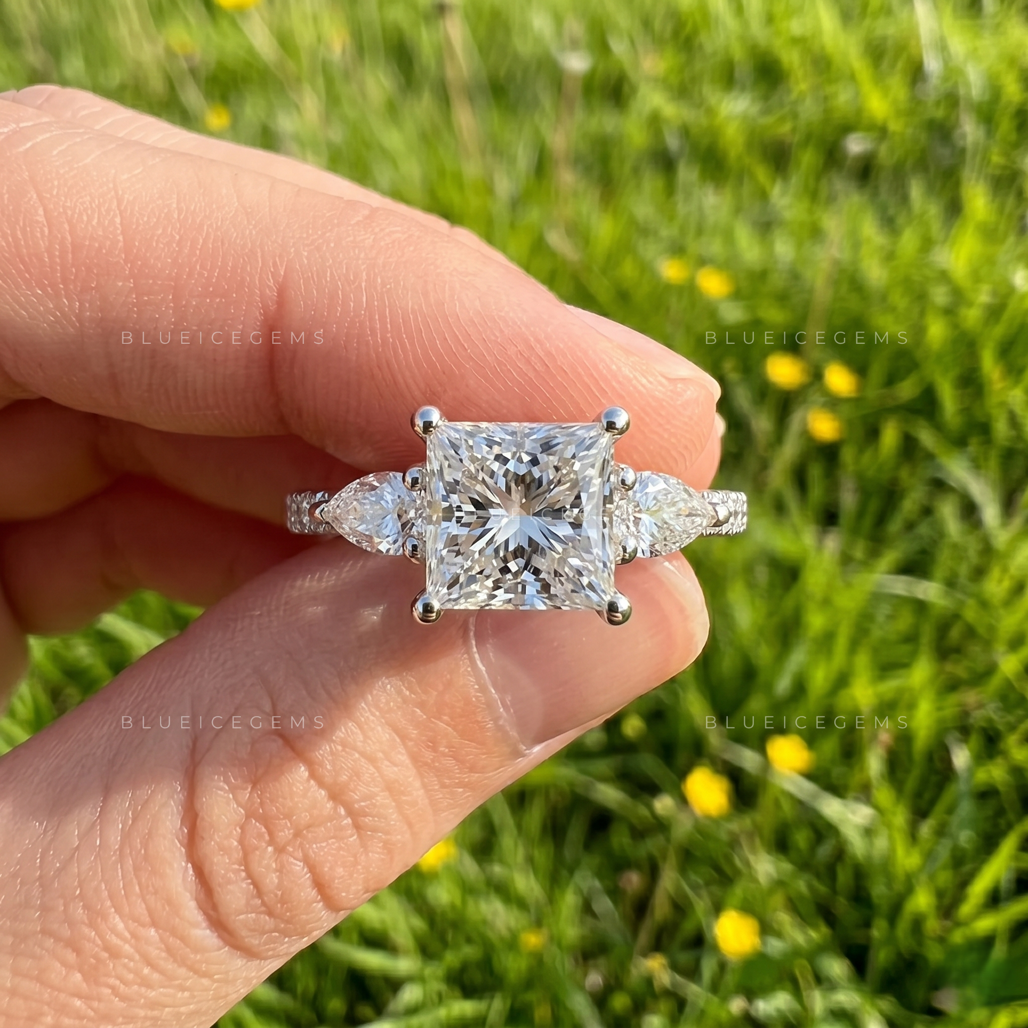 Imperial Elegance Princess Cut with Side Pear and Round Accent Trilogy Ring