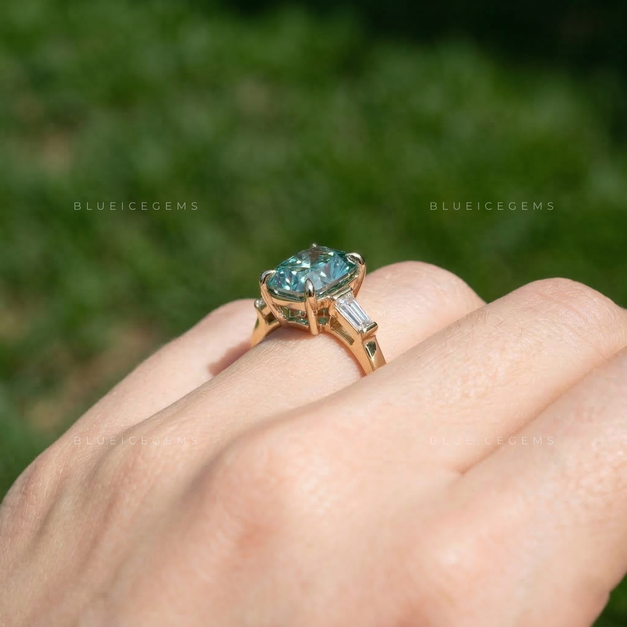 Cerulean Sky Elongated Cushion Tapered Baguette Ring