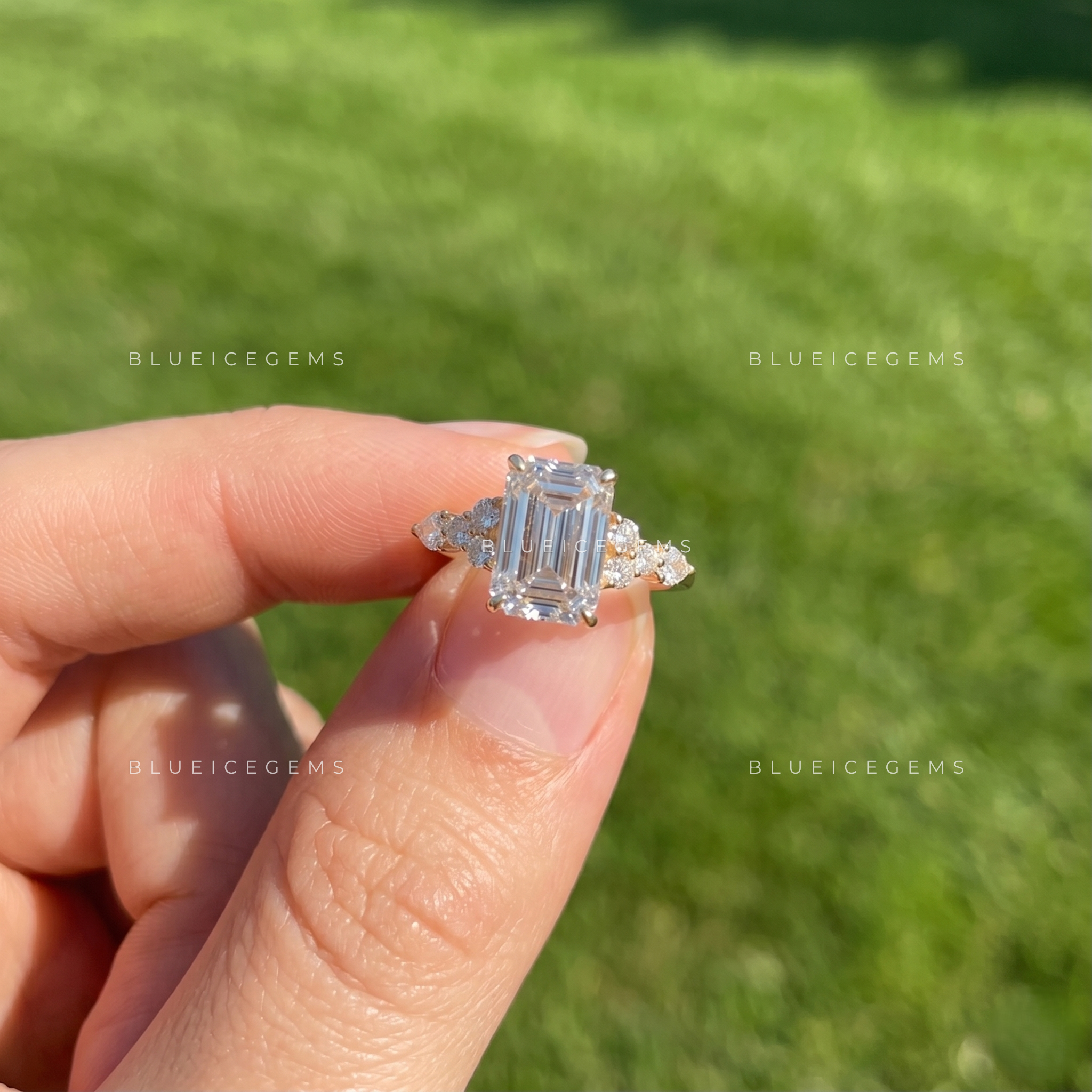 Regal Horizon Emerald Cut Cluster Engagement Ring