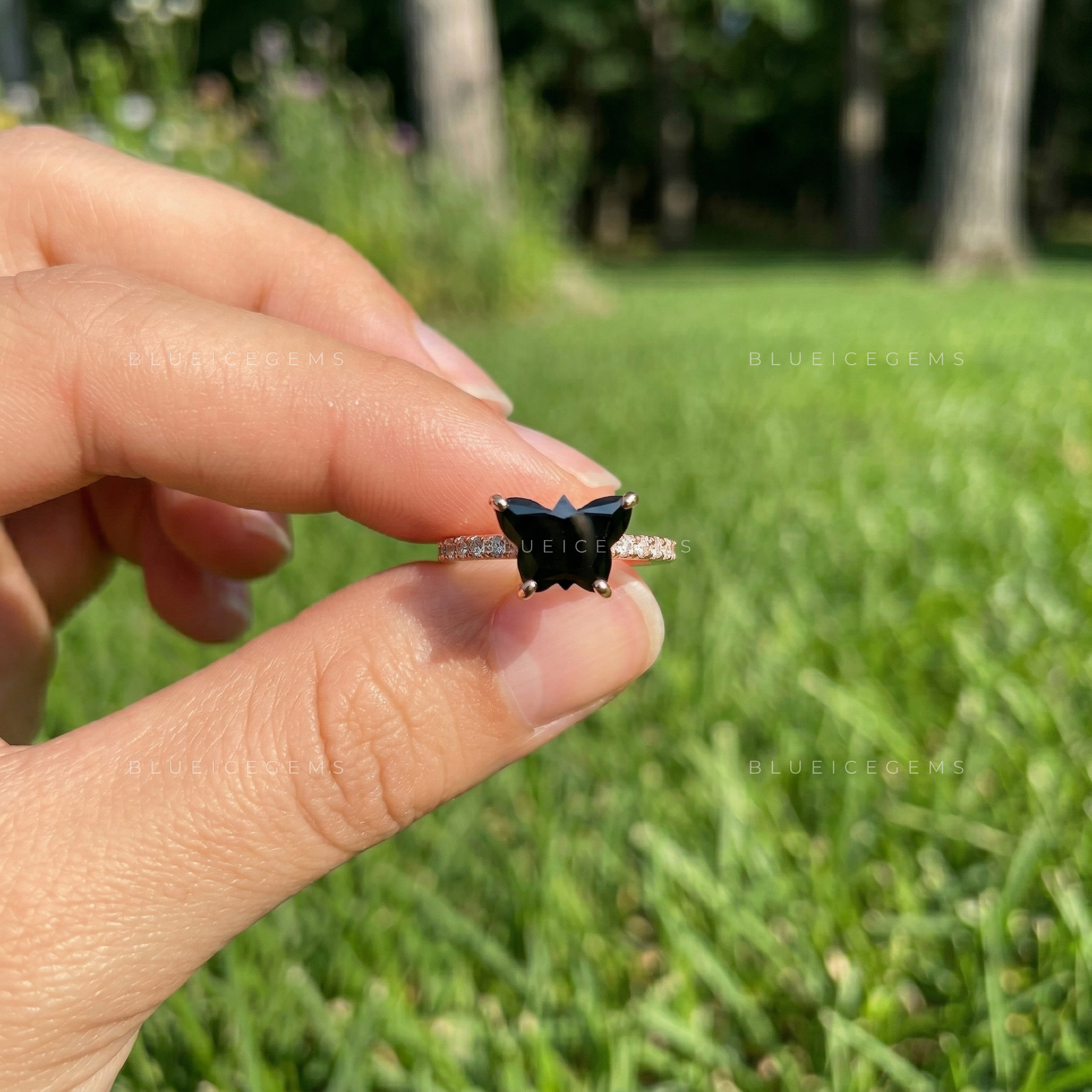Midnight Noir Butterfly Cut Black Diamond Ethereal Halo Ring