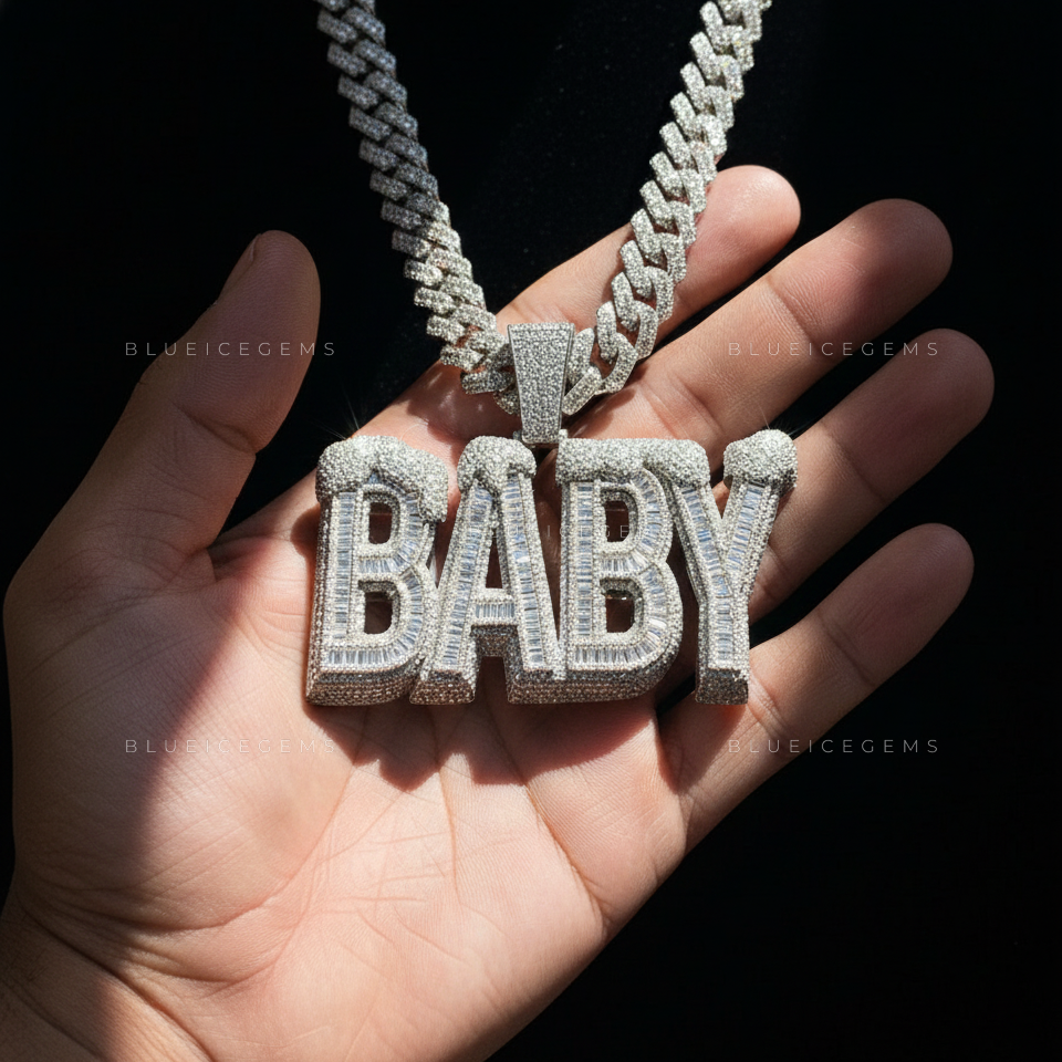 The "BABY" Arctic Freeze: Baguette Mosaic & Snow-Capped 3D Block Pendant
