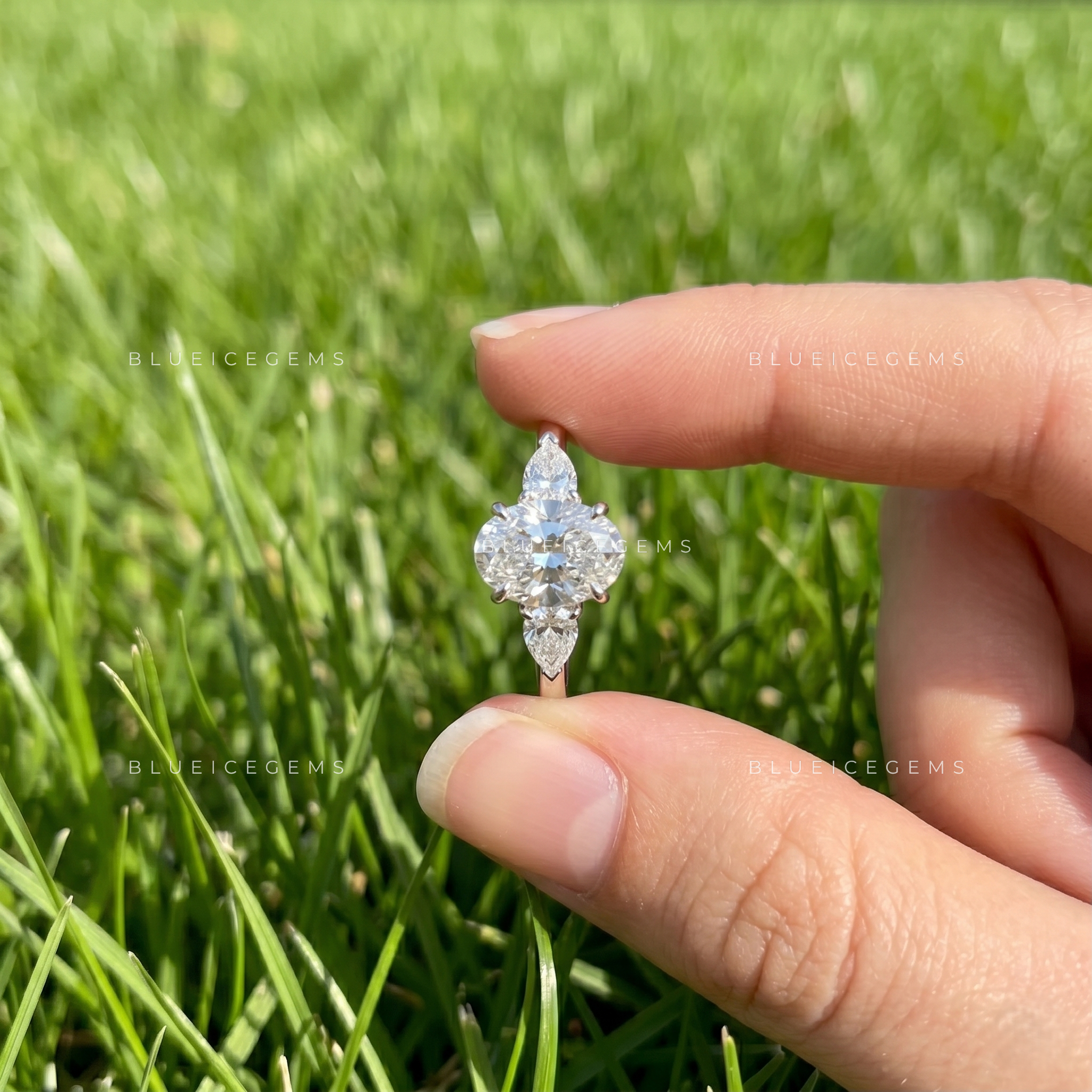 Enchanting Radiance Oval Pear Three Stone Engagement Ring