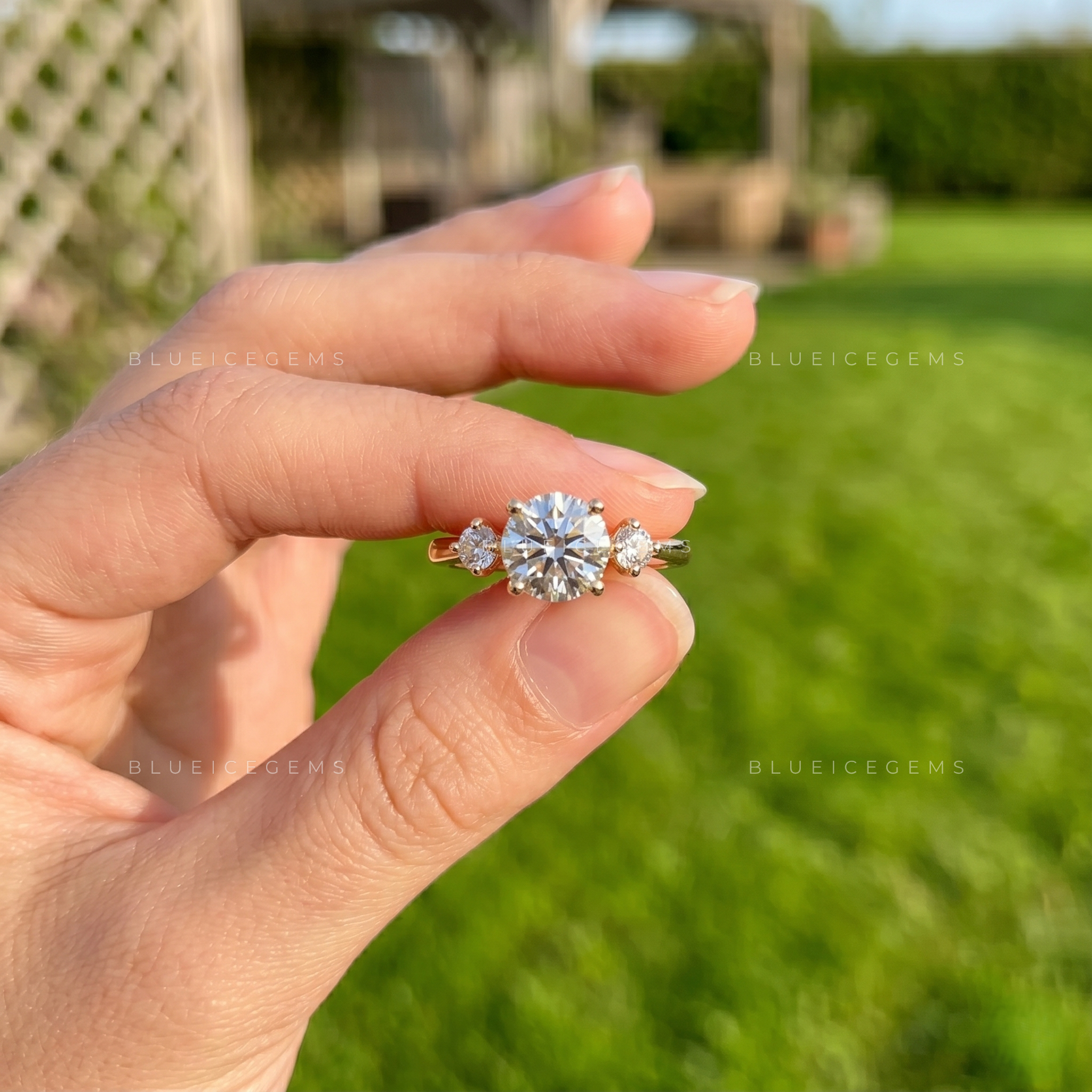 Radiant Three-Stone Round Brilliant Cut Heirloom Engagement Ring