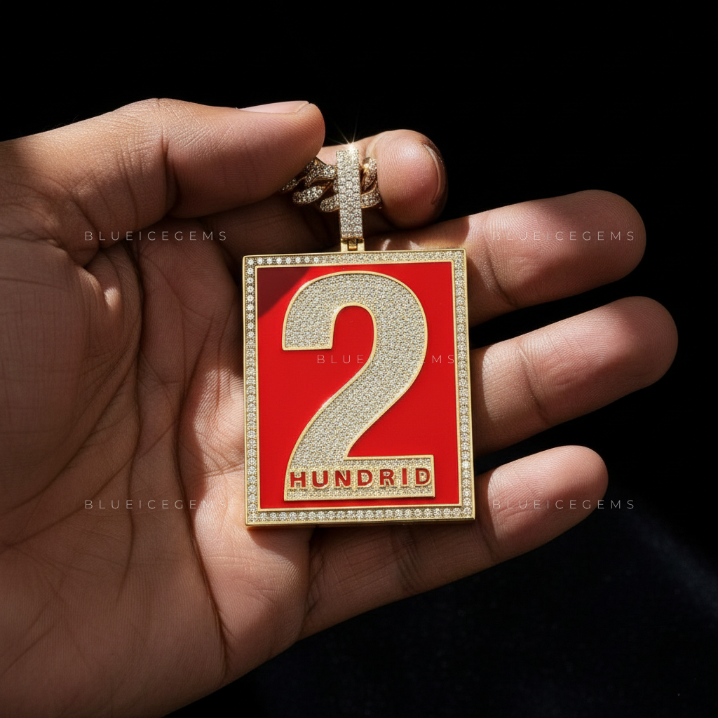 The "2 HUNDRID" Crimson Tablet: Enamel Mosaic & Iced-Out Numerology Pendant