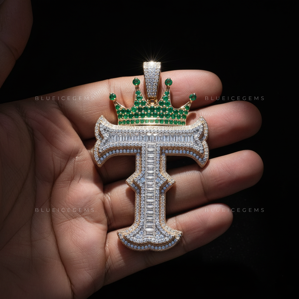 The "T" Royal Emerald: Baguette-Fusion Gothic Script & Emerald-Encrusted Crown