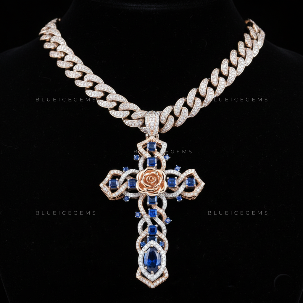 The Royal Rose Cross: Interwoven Cobalt Sapphire & Diamond Lattice