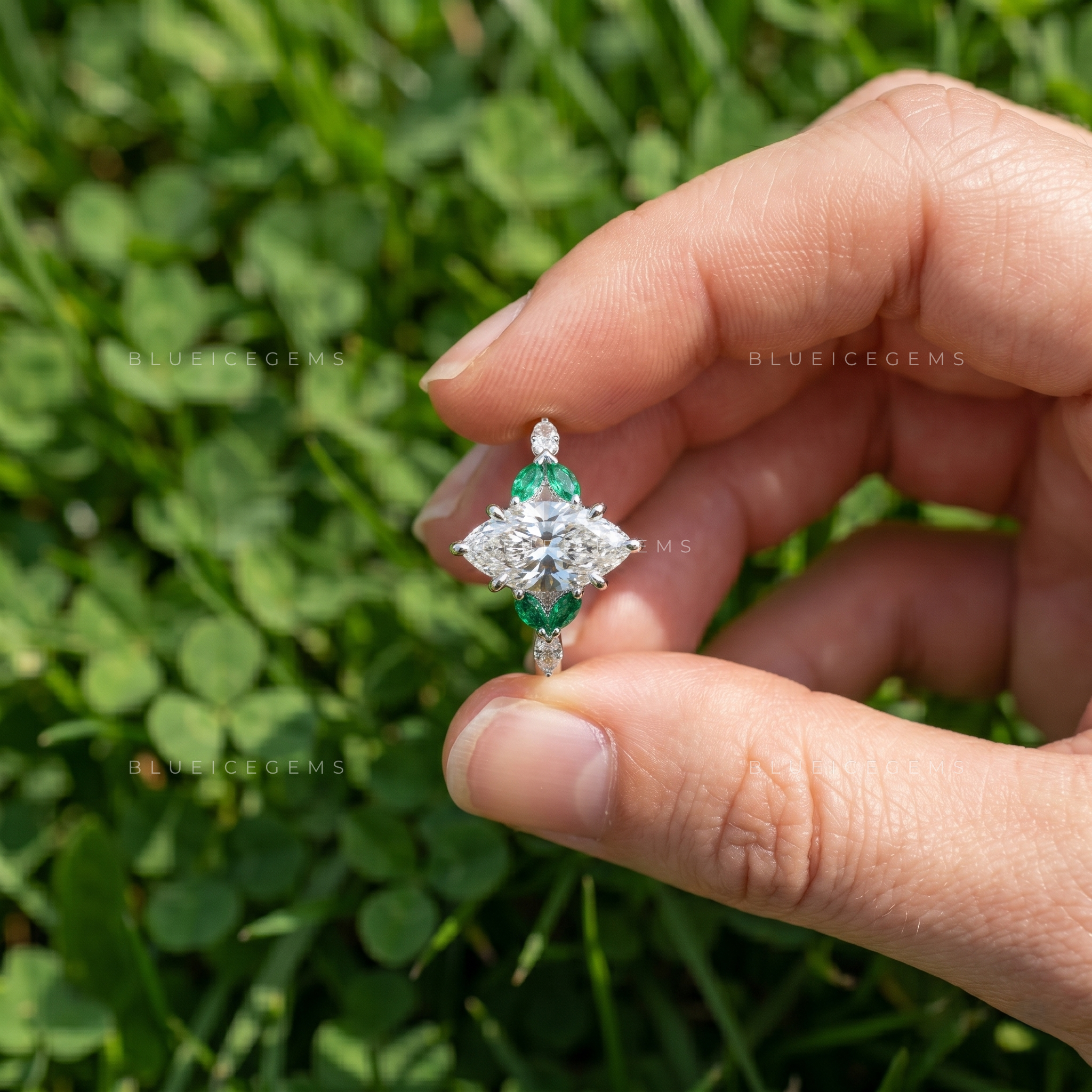 Enchanting Marquise Cut Botanical Inspired Gemstone Trilogy Ring