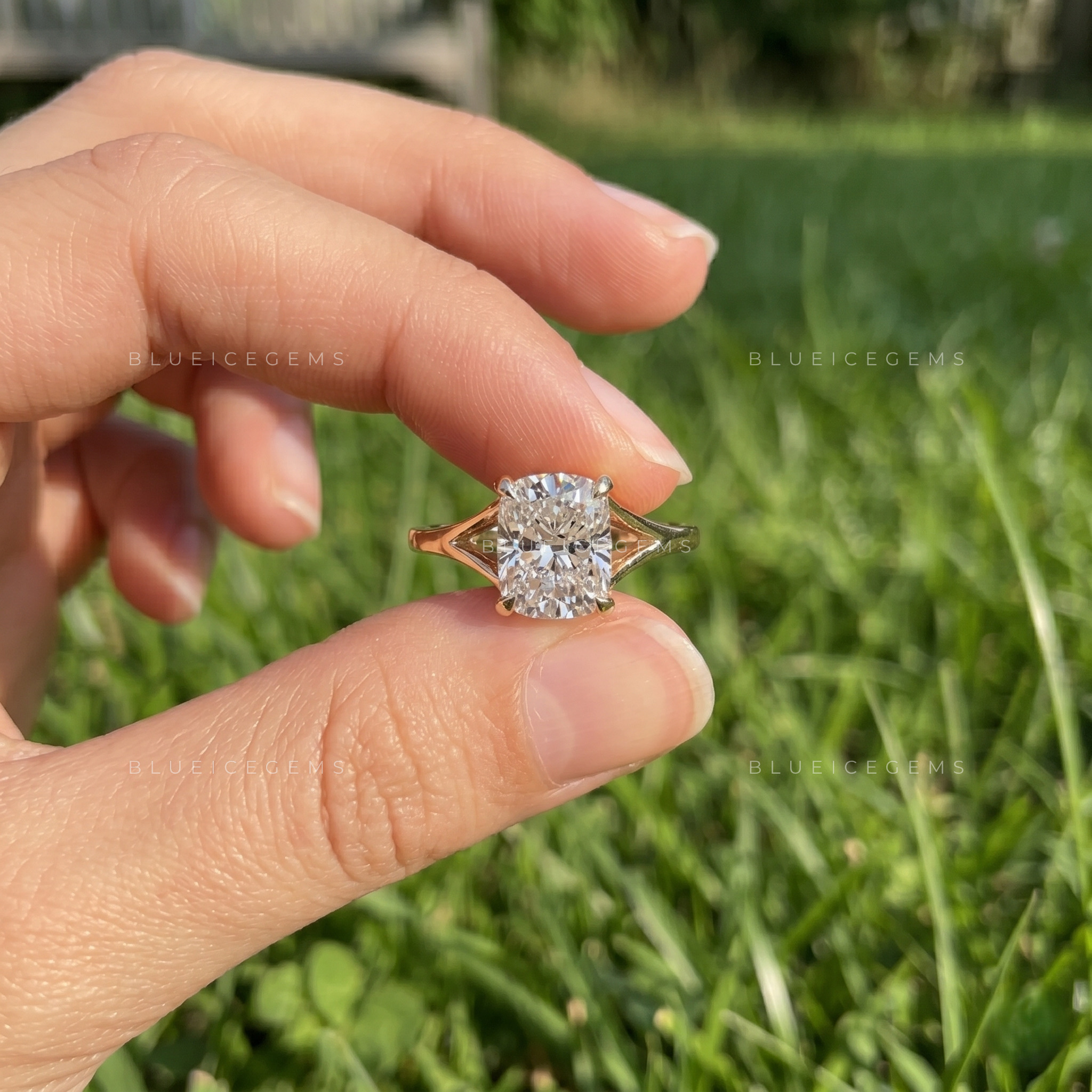 Majestic Radiance Elongated Cushion Cut Split Shank Engagement Ring