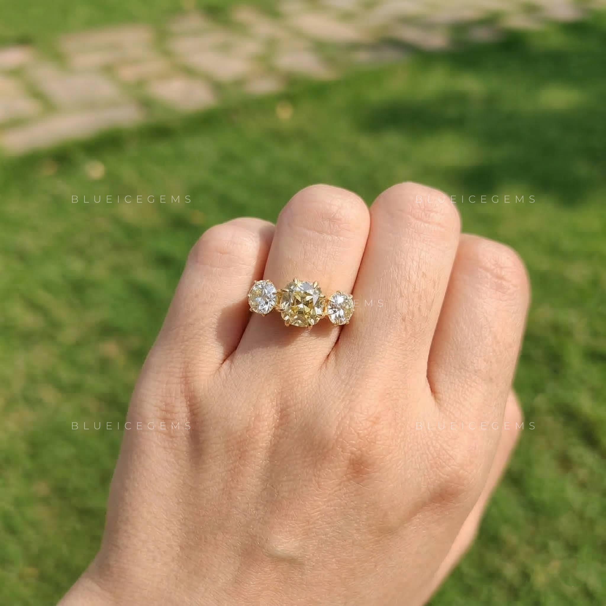 Golden Glow Vintage Cushion Old Mine Cut Lab Grown Diamond Ring