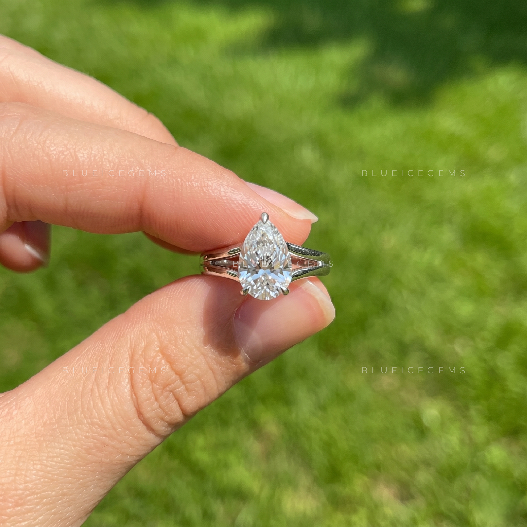 Graceful Majesty Pear Cut Split Shank Hidden Halo Engagement Ring