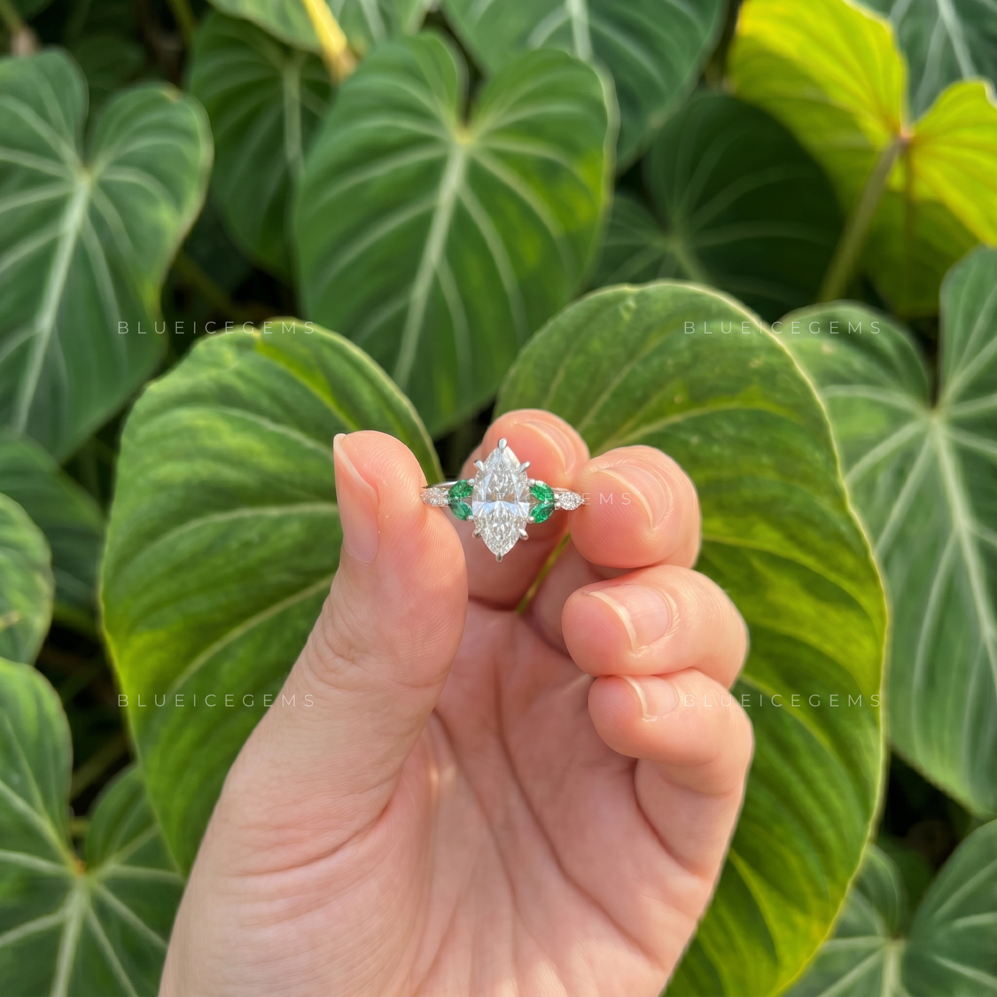 Enchanted Leaf Marquise Cut Engagement Ring with Emerald Accents