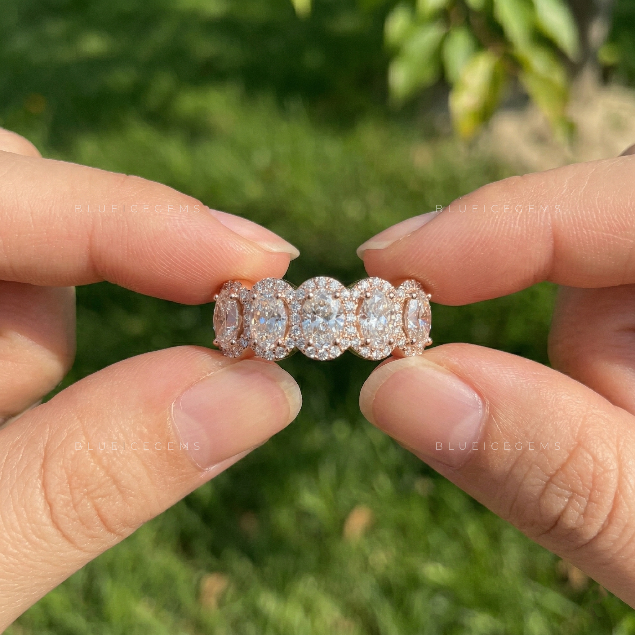 Radiant Oval Cut Halo Pave Wedding Band With Brilliant Accents