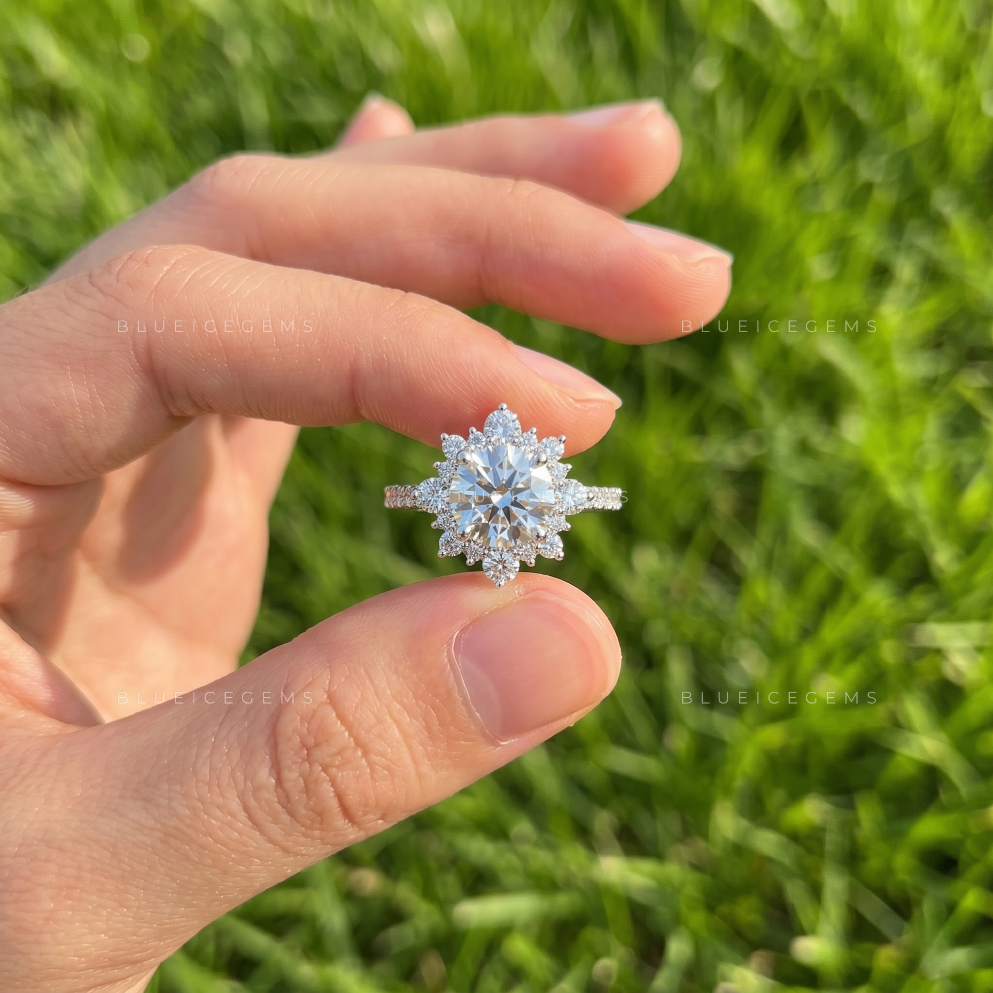 Distinctive Low-Profile Round Brilliant Cut Halo Cluster Keepsake Ring