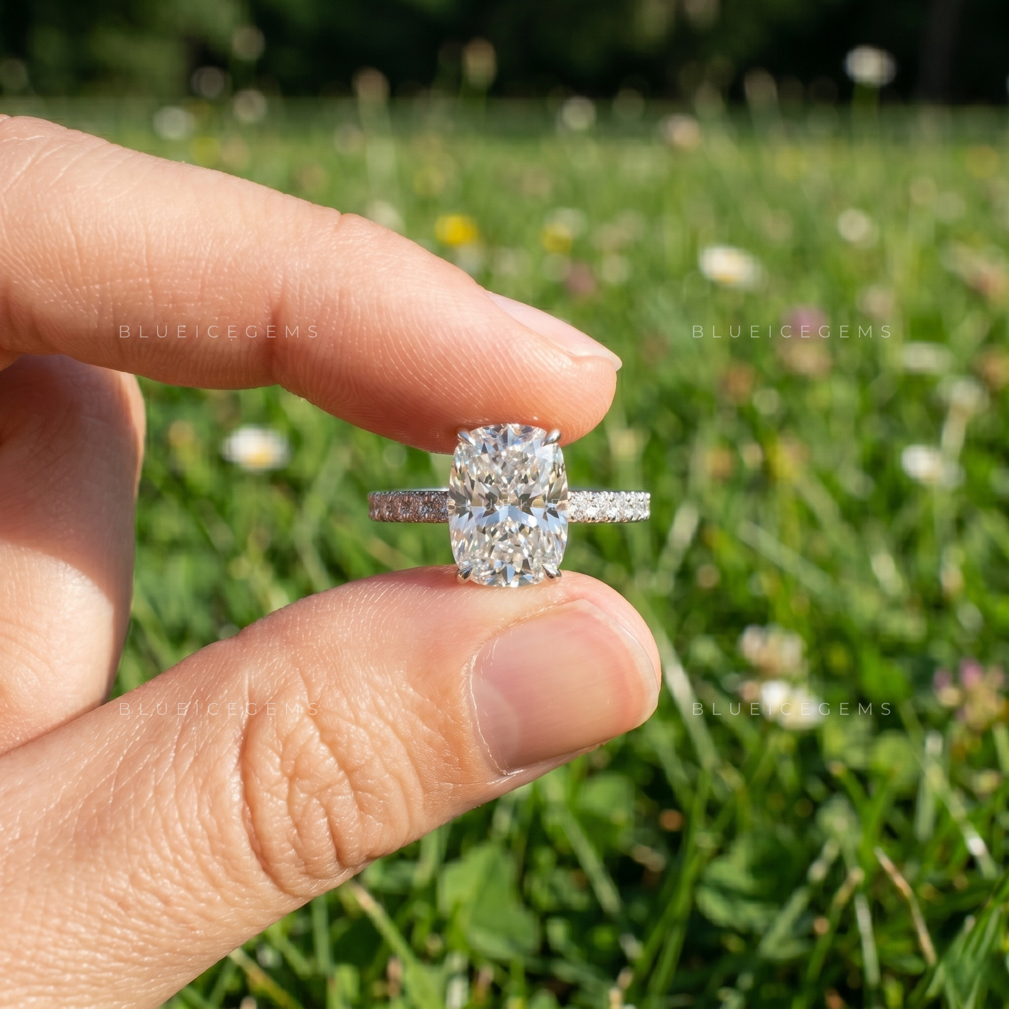 Enchanted Radiance Cushion Cut Cathedral Hidden Halo Engagement Ring
