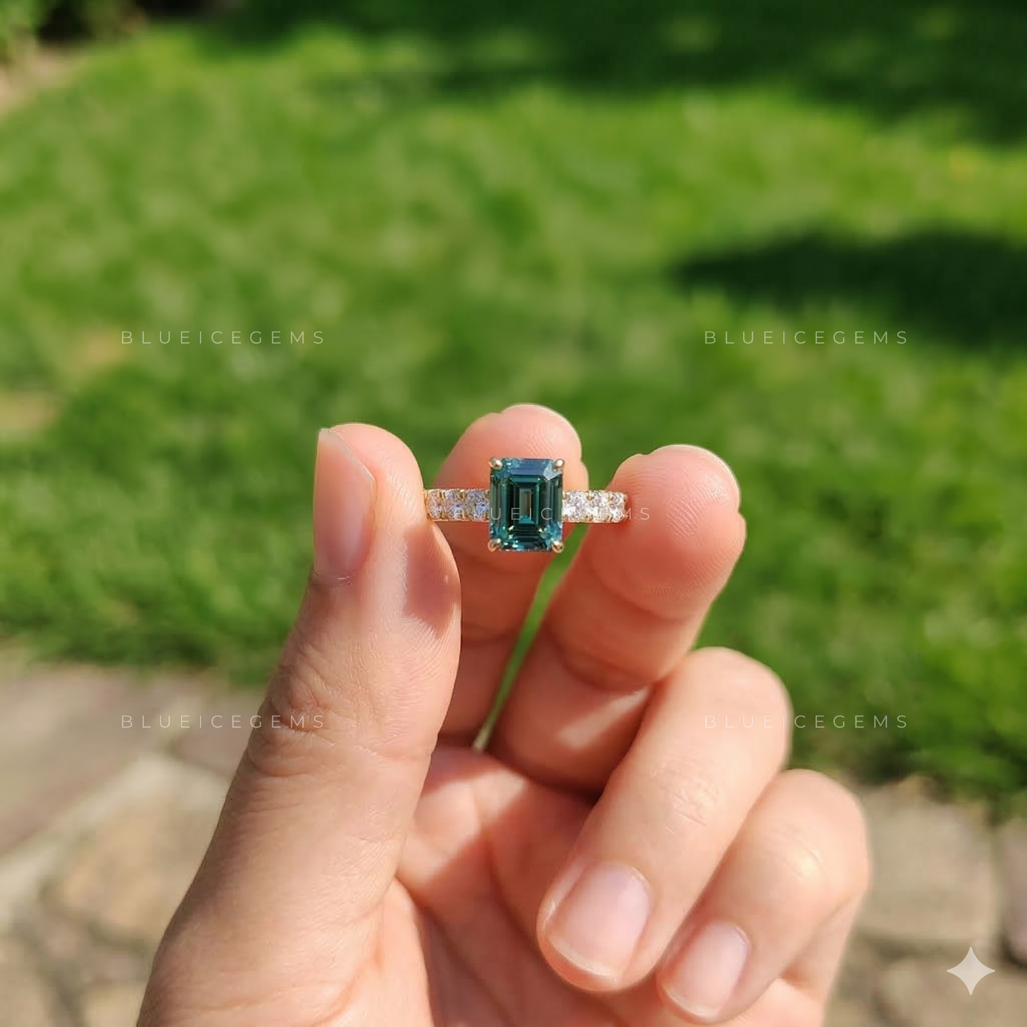 Azure Horizon Emerald Cut Cyan Blue Trilogy Ring
