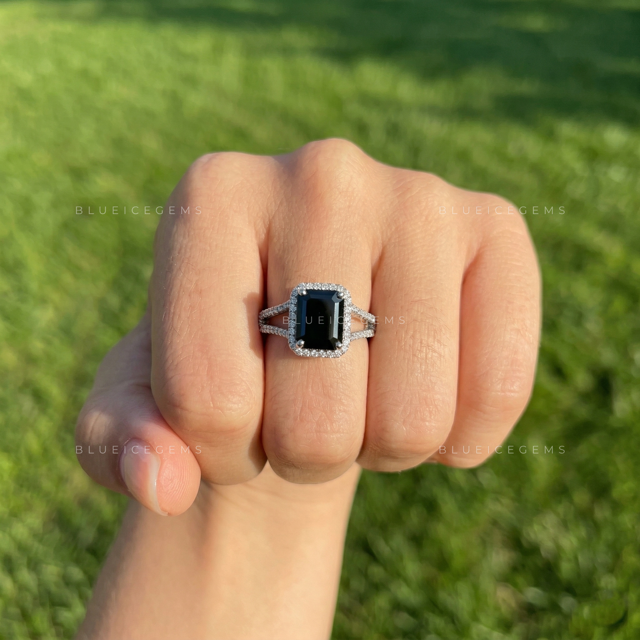 Midnight Noir Emerald Cut Black Diamond Halo Engagement Ring