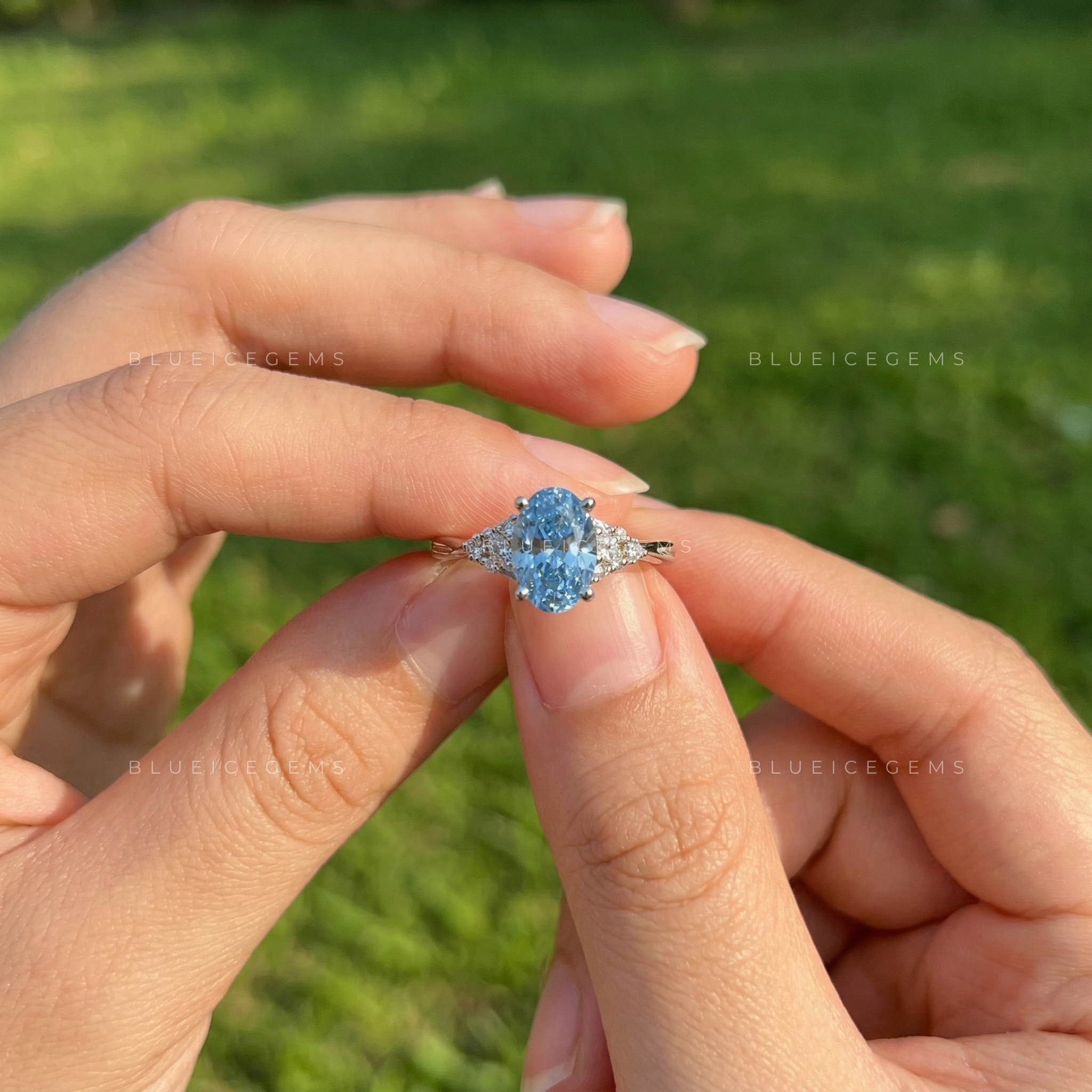 Sapphire Sky Oval Blue Diamond Floral Engagement Ring