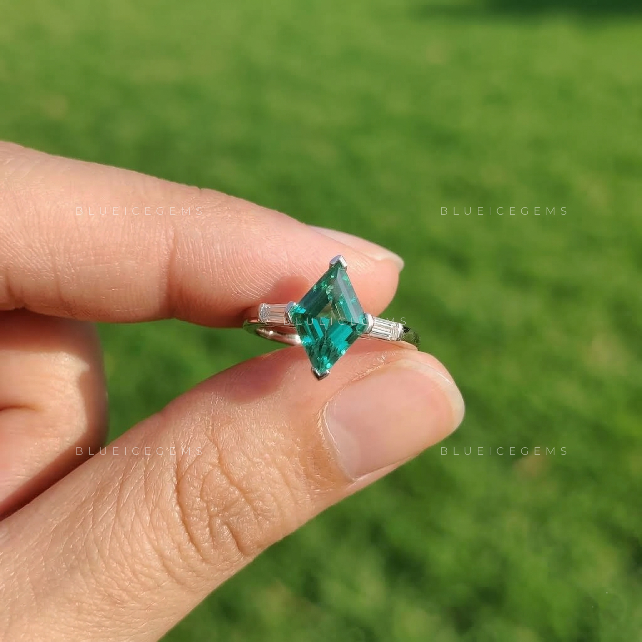 Mystic Forest Lozenge Cut Baguette Three Stone Ring