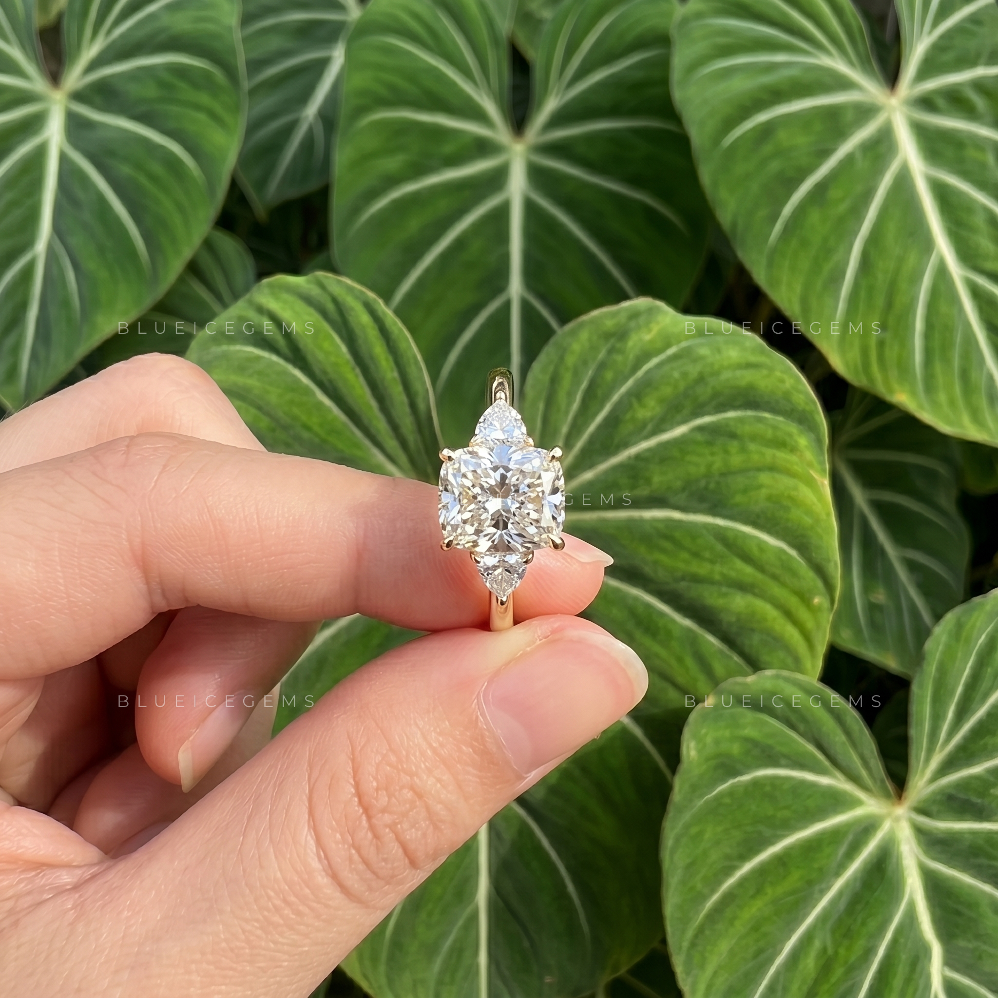 Radiant Symmetry Elongated Cushion Cut Trillion Three Stone Engagement Ring