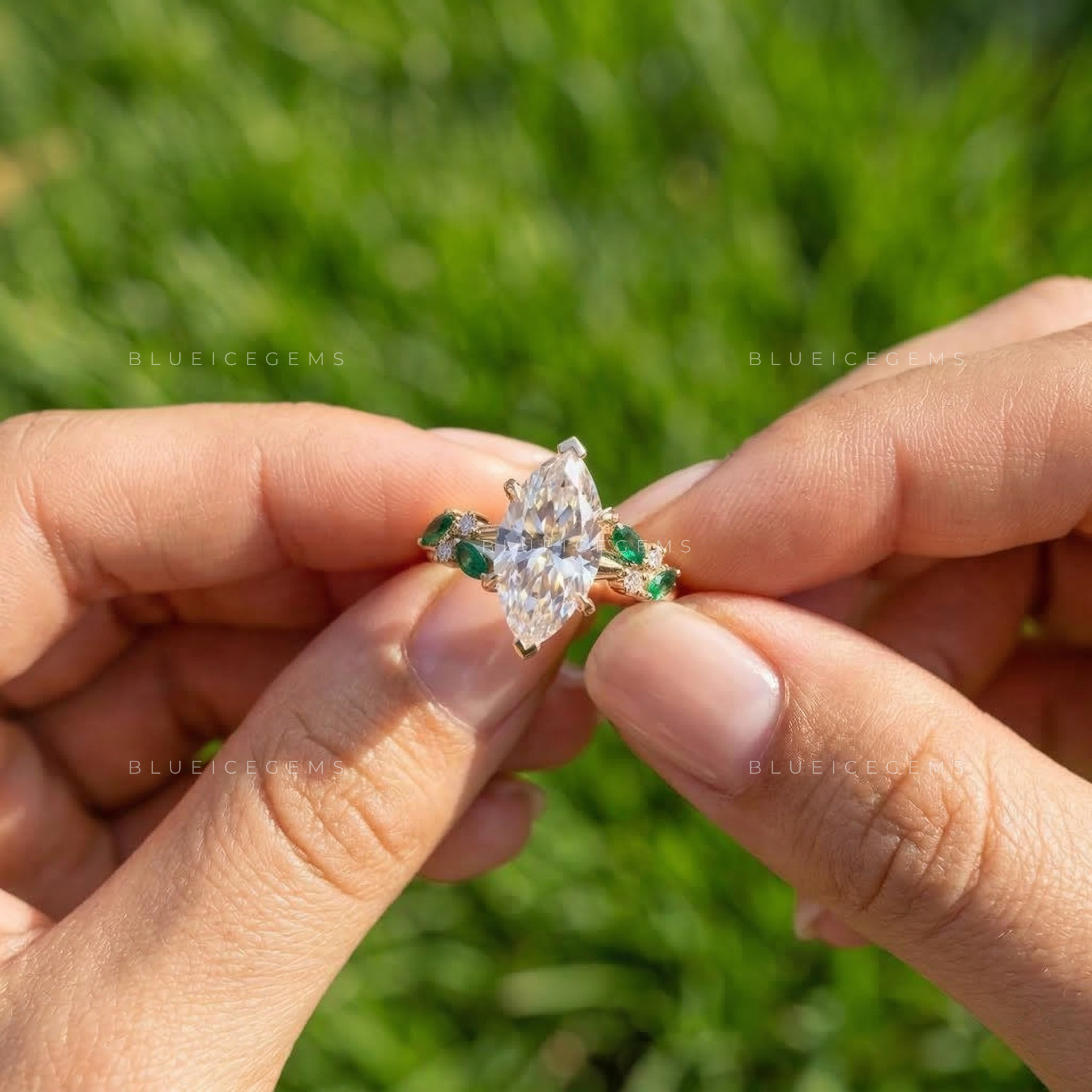 Botanical Harmony Marquise and Emerald Cluster Ring