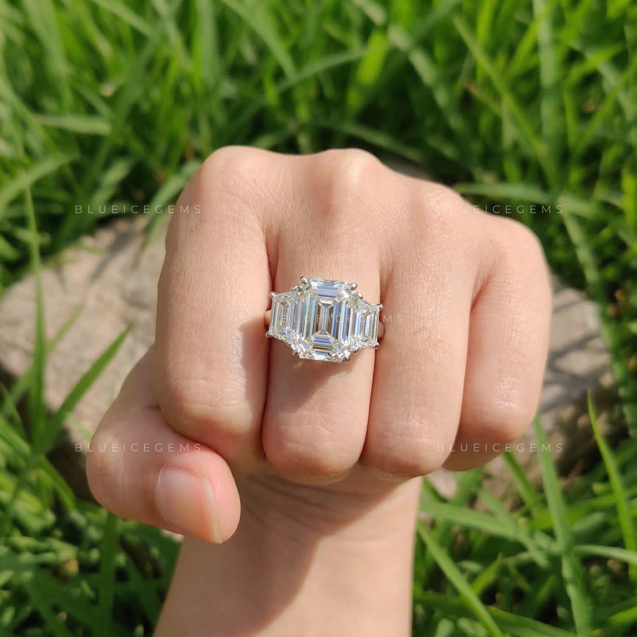 Art Deco Opulence Emerald Trapezoid Three Stone Ring