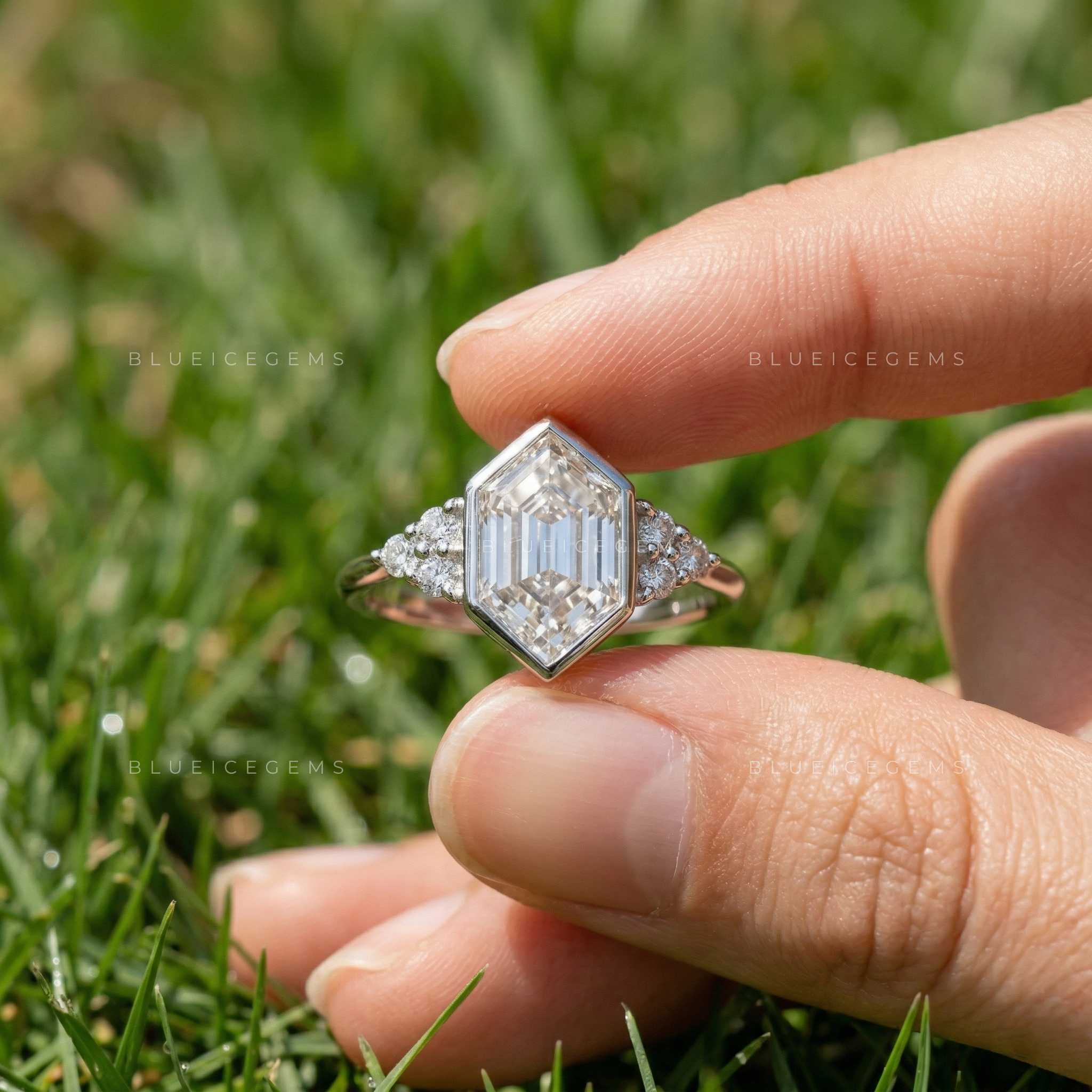 Architectural Sophistication Hexagon Step Cut Trilogy Engagement Ring