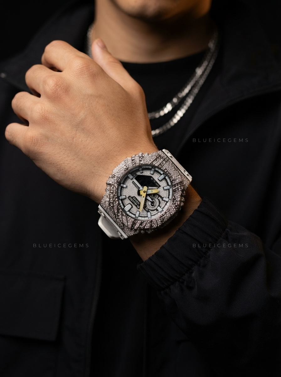 Arctic Noir Bust Down Watch – Hand-Set Moissanite