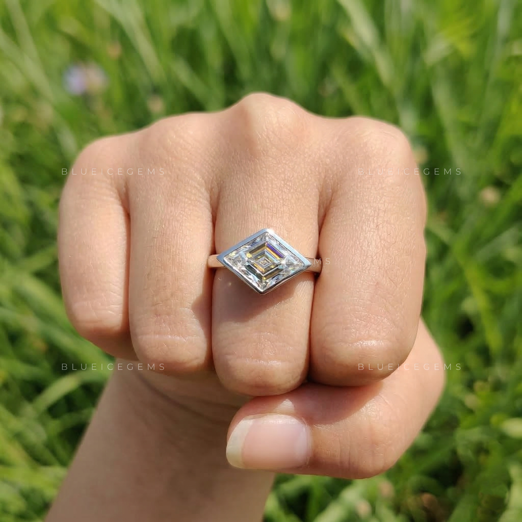 Minimalist Lozenge Cut East-West Bezel Ring