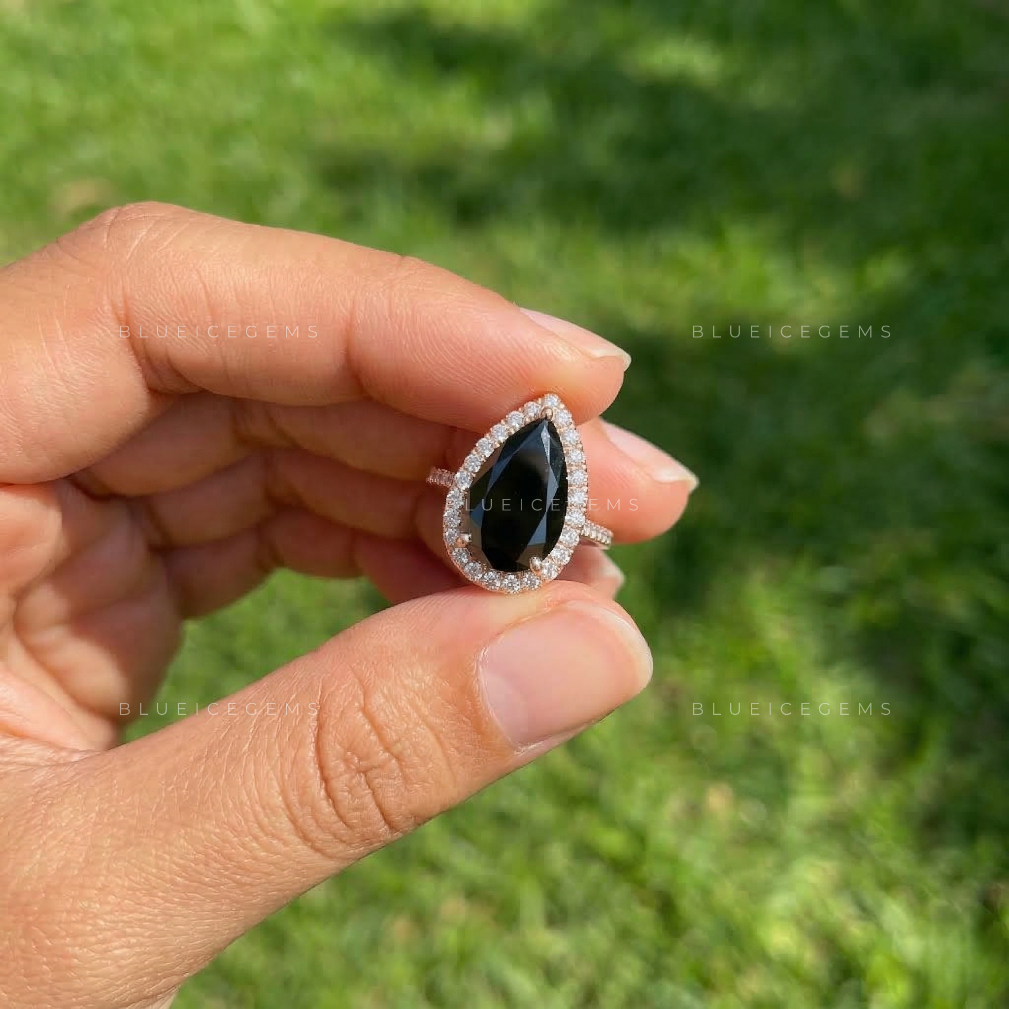 Midnight Velvet Pear Cut Black Moissanite Halo Ring