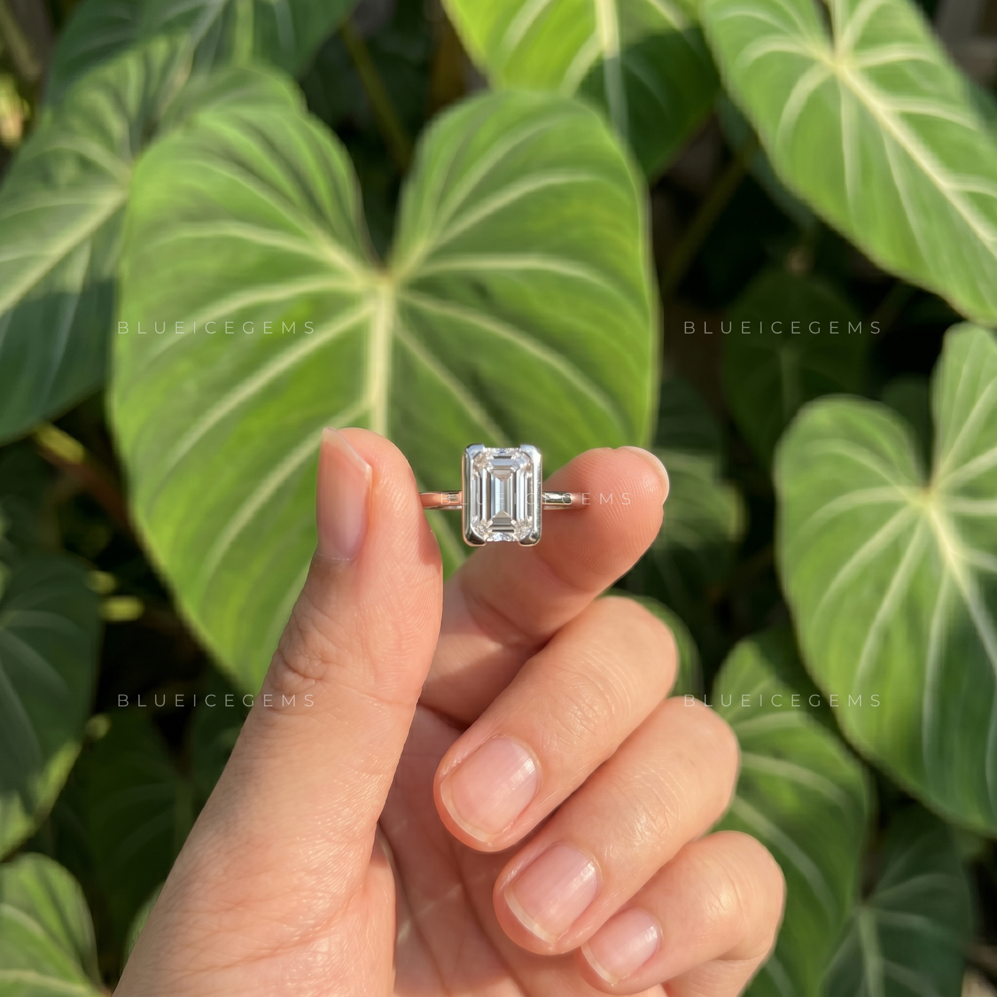 Modern Minimalist Emerald Cut Half Bezel Solitaire Engagement Ring